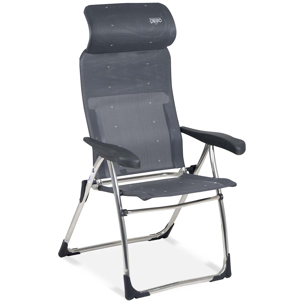 1104963 A lightweight and extra compact positionable seat. This chair offers maximum comfort through the 7 position adjustable backrest and a continuously adjustable headrest (back length: 65-83 cm). The backrest, the seat and the armrests are ergonomically shaped. The chair has a U-frame with stabilizers and extra thick tubes for additional sturdiness and stability. Due to the retractable headrest the chair can be stored extra compact. Seat height: 45 centimetres. Seat depth: 38 centimetres. Seat width: 48 centimetres. Maximum load bearing capacity: 110 kilogram. Up to 50% less storage volume compared to other camping chairs!