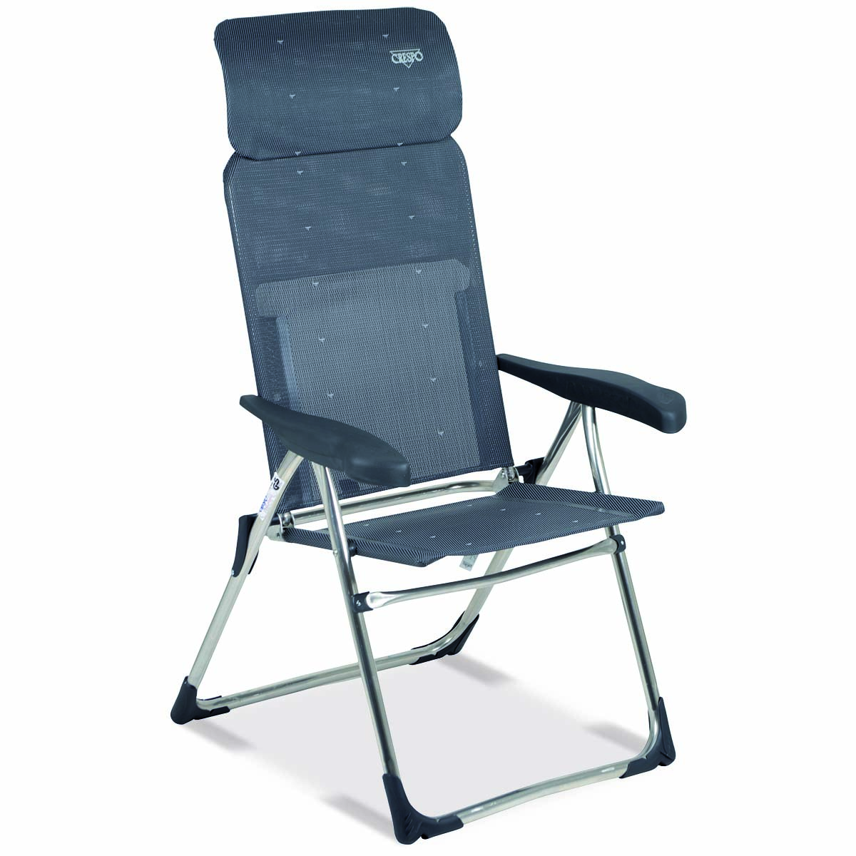 1104970 An extremely compact positionable seat. Also the most flat camping chair. This chair folds flat to a thickness of only 5 centimetres This chair offers maximum comfort through the 7 position adjustable backrest and a continuously adjustable headrest (back length: 65-83 cm). The chair has a U-frame with stabilizers and extra thick tubes for additional sturdiness and stability. Easily folding and extra compact to store. Ideal for the tent trailer, bus camper or for other campers.