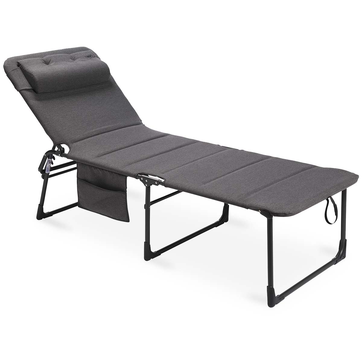1148279 A very luxurious and one of the most comfortable sun loungers. This foldable bed, adjustable in 5 positions, is equipped with an extra thick and sturdy 3D padded foam filling. The padded fabric wraps entirely around the frame, where the luxurious fabric is attached to the back, creating a very pleasant seating experience. Additionally, the elastics run entirely over the back for increased comfort, and the finishing adds a stylish touch. This padded fabric also does not retain moisture. The sun lounger is extra wide and has easy access. On the side, there is a convenient organizer for storing a book, magazines, a mobile phone, etc. After use, this bed can be quickly and easily folded flat.