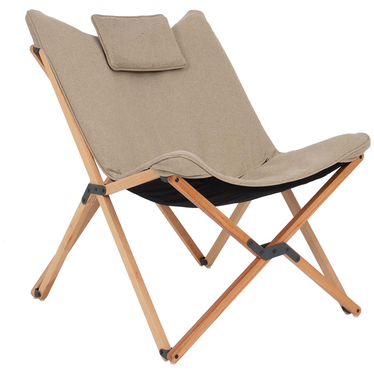 1200376 Een zeer luxe en comfortabele relaxstoel. Deze stoel is voorzien van een stijlvol, lichtkleurige houten frame en de zitting is gemaakt van de stof Nika. Stof Nika kentmerkt zich aan de een zachte touch met een robuuste uitstraling. Daarnaast is deze stof voorzien van een comfortabele gepolsterde vulling. Door de combinatie van de gepolsterde stof, de extra brede en diepe zit en het hoofdkussen is de stoel zeer comfortabel. De stoel is eenvoudig mee te nemen door het inklapbare frame en kan zowel in de woonkamer, op het balkon of in de tuin worden gebruikt!