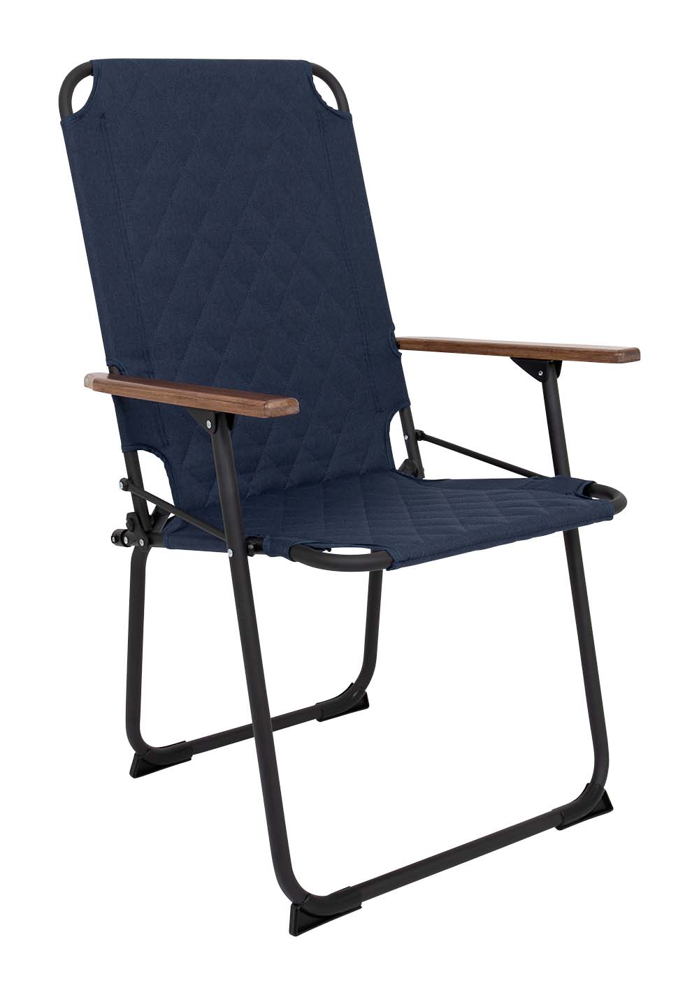 1211887 "Een extra hoge en brede comfortabele klapstoel. De klassieker met een moderne industriële uitstraling. Een stoel waarbij stijl, comfort en functionaliteit worden gecombineerd. Voorzien van een gepolsterde Cationic bekleding voor ultiem comfort, een lichtgewicht aluminium frame en bamboe armleggers. Daarnaast is het stiksel voorzien van een modern patroon. Een ideale stoel voor in de tuin of op de camping, maar ook op het balkon en in de woonkamer. Daarnaast is deze stoel voorzien van extra stabilisatoren en een 'safety-lock' tegen ongewenst inklappen. Compact mee te nemen."