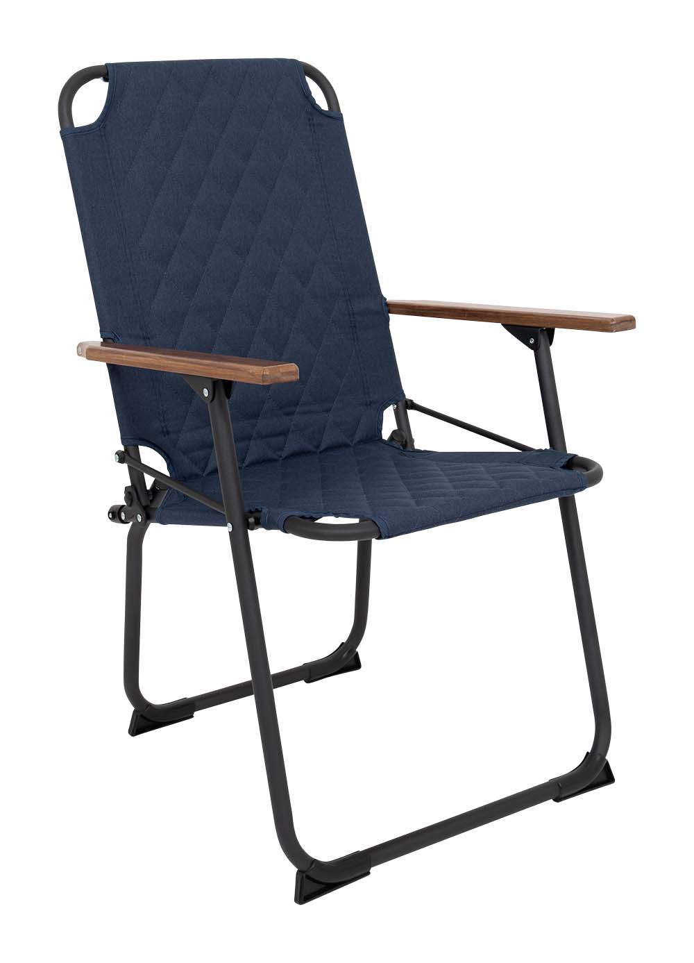 1211897 "De klassieker met een moderne industriële uitstraling. Een stoel waarbij stijl, comfort en functionaliteit worden gecombineerd. Voorzien van een gepolsterde Cationic bekleding voor ultiem comfort, een lichtgewicht aluminium frame en bamboe armleggers. Daarnaast is het stiksel voorzien van een modern patroon. Een ideale stoel voor in de tuin of op de camping, maar ook op het balkon en in de woonkamer. Daarnaast is deze stoel voorzien van extra stabilisatoren en een 'safety-lock' tegen ongewenst inklappen. Compact mee te nemen."