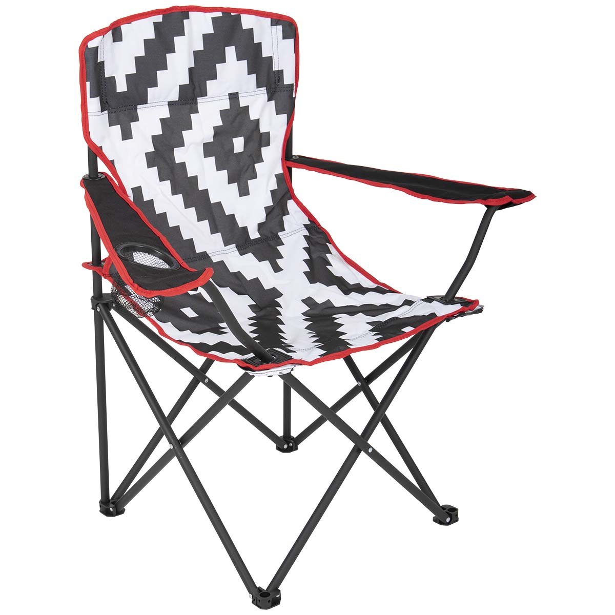 1267187 A trendy and modern lightweight folding chair. This folding chair has comfortable armrests with a special drinks holder. Very compact when folded and the included carrier bag makes for easy transport. The chair has a steel frame with a 600 denier nylon seat.