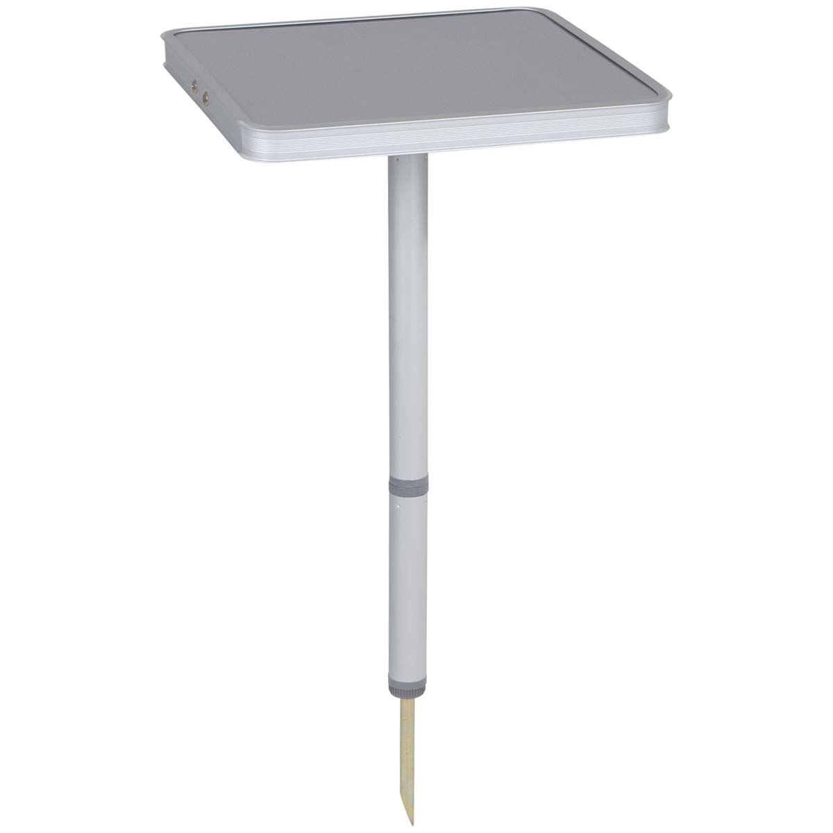 1402722 A very practical travel prick table. This table is easy to stick into the ground and therefore ideal to use on unequal surfaces. The table is compact and very easy to store due to the removable leg. It can be fixed under the table top. Folded up (LxWxH): 26x26x4.5 centimetres.