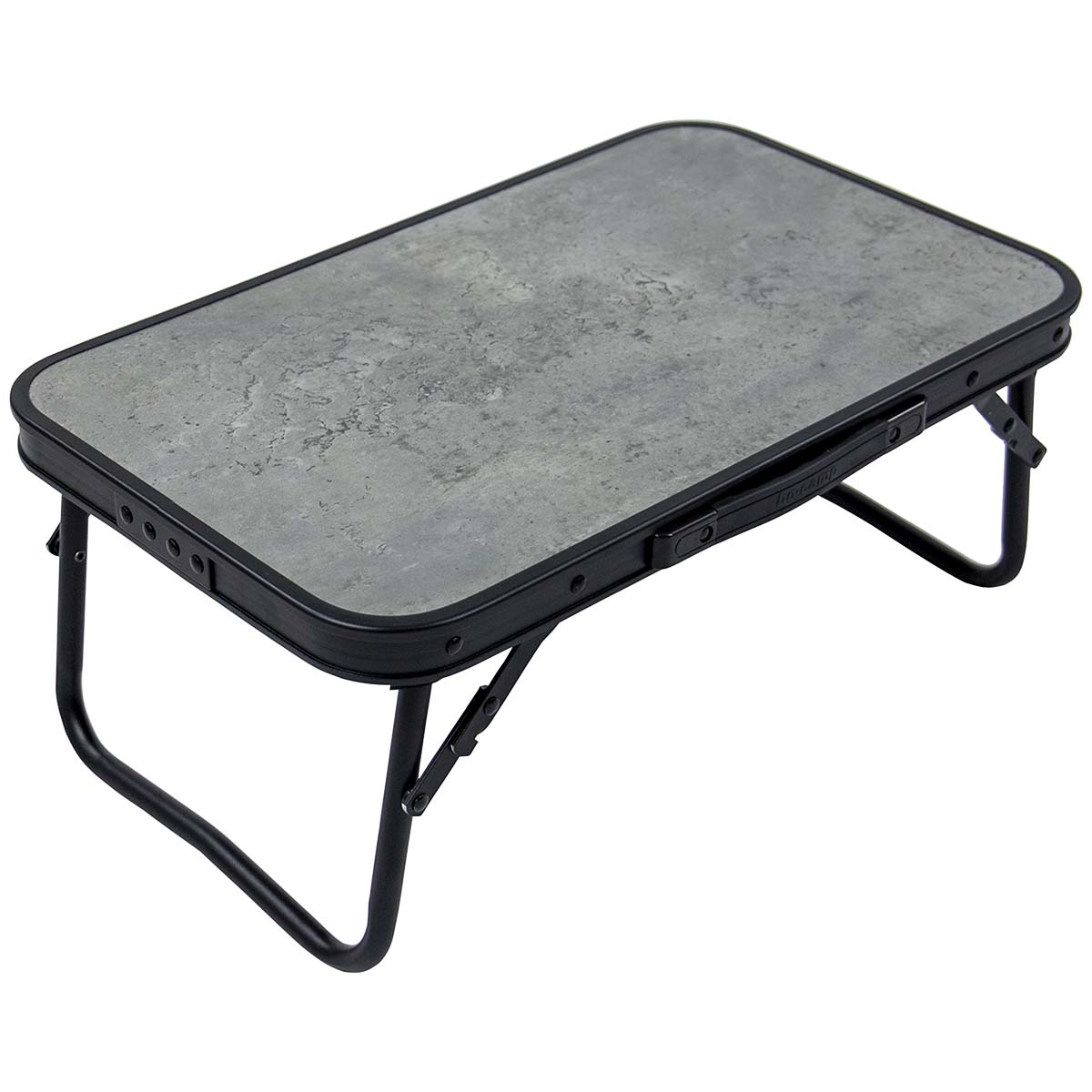 1404180 A stylish aluminum folding table with an industrial look and concrete-look table top. The table is very compact to store due to the folding legs. In addition, the table is equipped with a net under the MDF table top to store items.