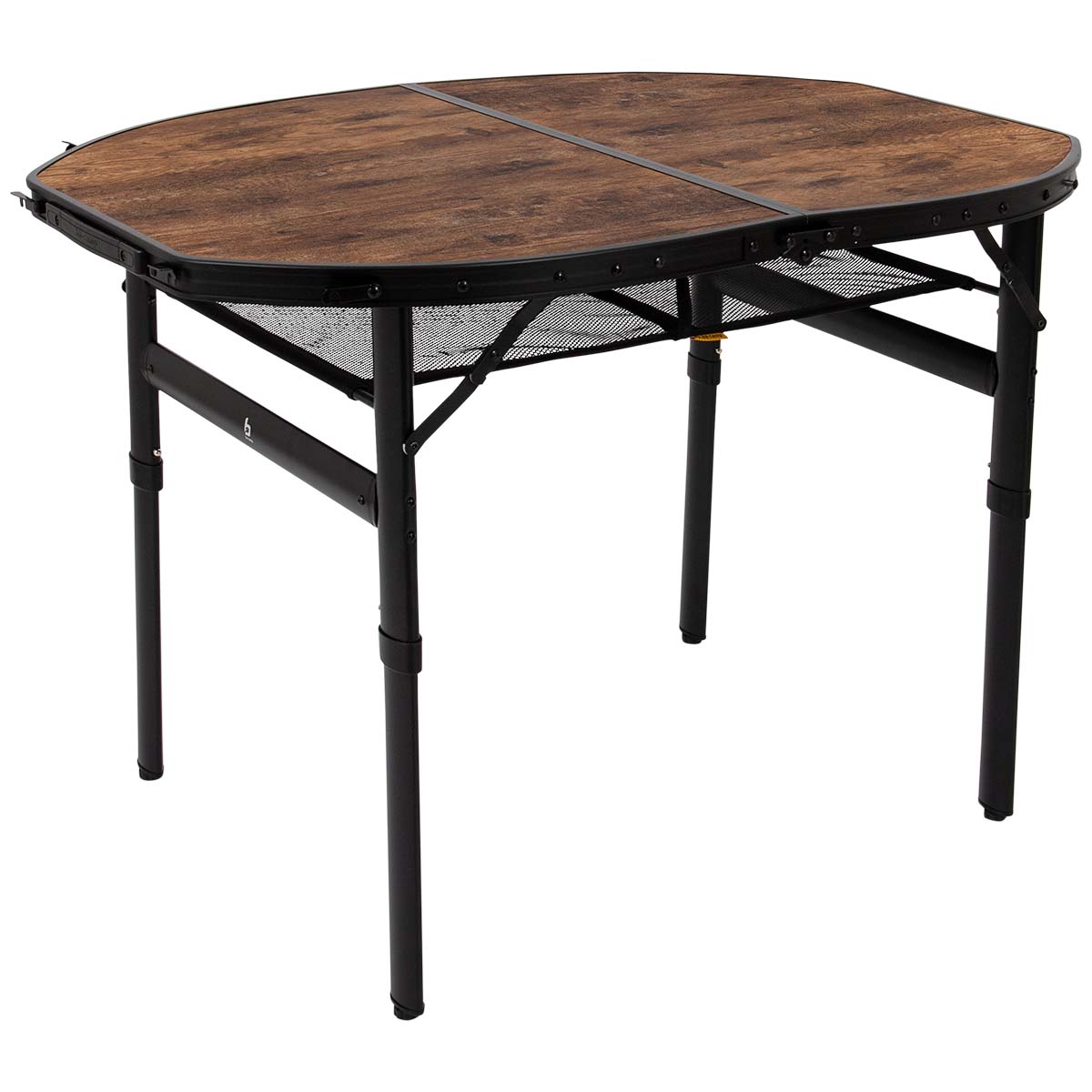 1404185 Een stijlvolle ovale aluminium tafel met een industriële uitstraling en houtlook tafelblad. Door middel van stelschroeven zijn de tafelpoten af te stellen op een ongelijke ondergrond. Daarnaast is de tafel zeer compact als koffermodel op te bergen door de afneembare poten en een deelbaar blad. Bovendien is de tafel voorzien van een net onder het MDF tafelblad om spullen in op te bergen, en een handgreep waardoor de tafel gemakkelijk is mee te nemen. De tafel is in hoogte verstelbaar: 37/70 cm.