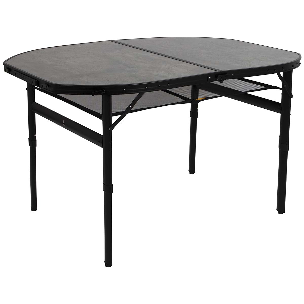 1404187 Een stijlvolle ovale aluminium tafel met een industriële uitstraling en betonlook tafelblad. Door middel van stelschroeven zijn de tafelpoten af te stellen op een ongelijke ondergrond. Daarnaast is de tafel zeer compact als koffermodel op te bergen door de afneembare poten en een deelbaar blad. Bovendien is de tafel voorzien van een net onder het MDF tafelblad om spullen in op te bergen, en een handgreep waardoor de tafel gemakkelijk is mee te nemen. De tafel is in hoogte verstelbaar: 36/70 cm.