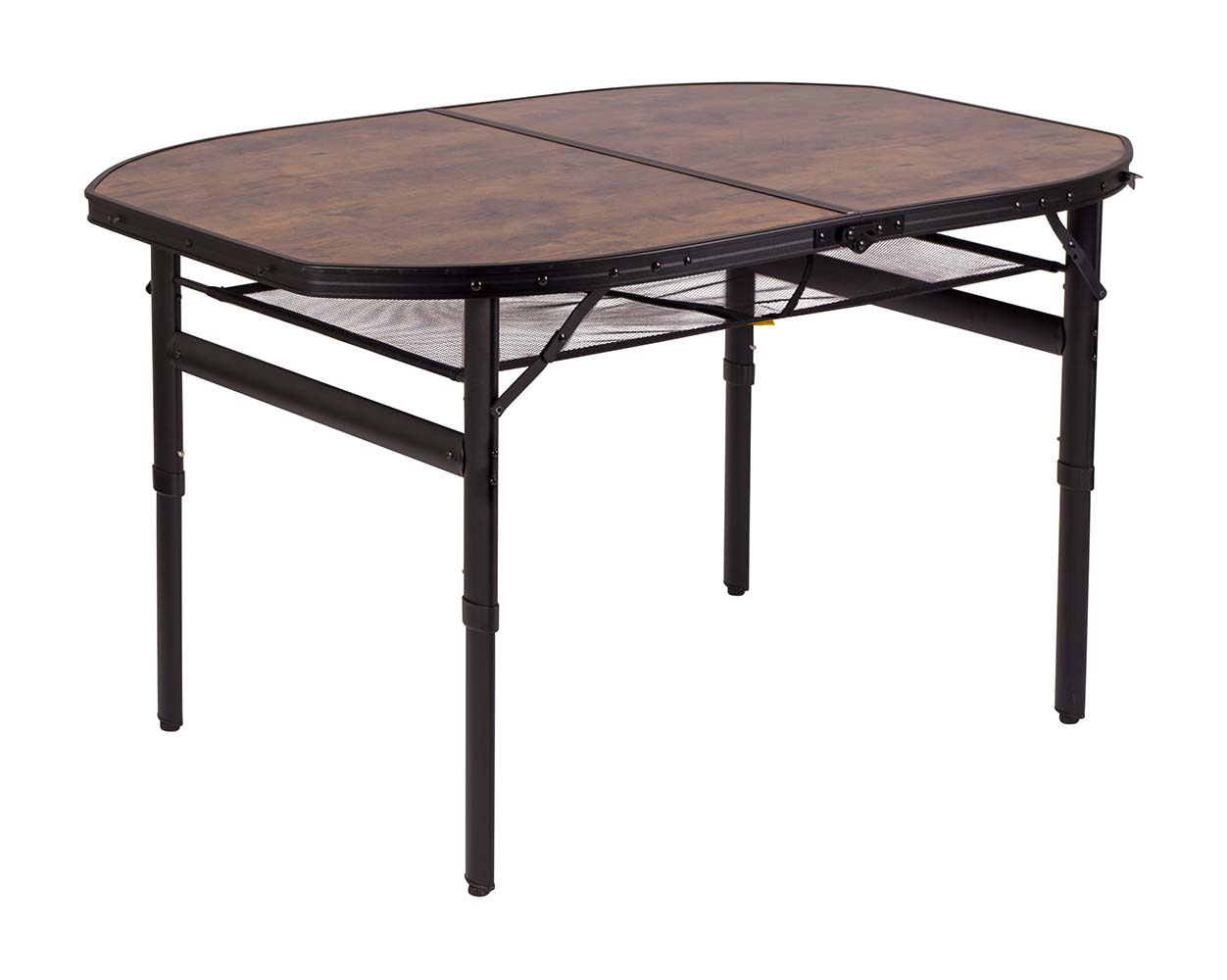1404220 Een stijlvolle aluminium tafel met een industriële uitstraling en houtlook tafelblad. Door middel van stelschroeven zijn de tafelpoten af te stellen op een ongelijke ondergrond. De poten zijn in 2 verschillende hoogtes verstelbaar (37/70). Daarnaast is de tafel zeer compact als koffermodel op te bergen door de afneembare poten en een deelbaar blad. Bovendien is de tafel voorzien van een net onder het MDF tafelblad om spullen in op te bergen, en een handgreep waardoor de tafel gemakkelijk is mee te nemen. Ingeklapt (lxbxh): 80x7x60,5 cm.