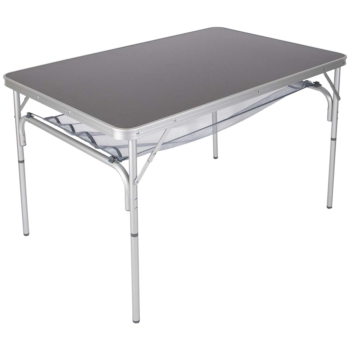 1404418 Een uiterst stabiele campingtafel. Deze tafel heeft afneembare poten en is hierdoor eenvoudig en compact in te klappen. Gemaakt van lichtgewicht aluminium. De poten zijn in hoogte verstelbaar (36/70 cm) en hebben stelschroeven voor de fijnafstelling. Onder het tafelblad is een net bevestigd om spullen op te bergen.