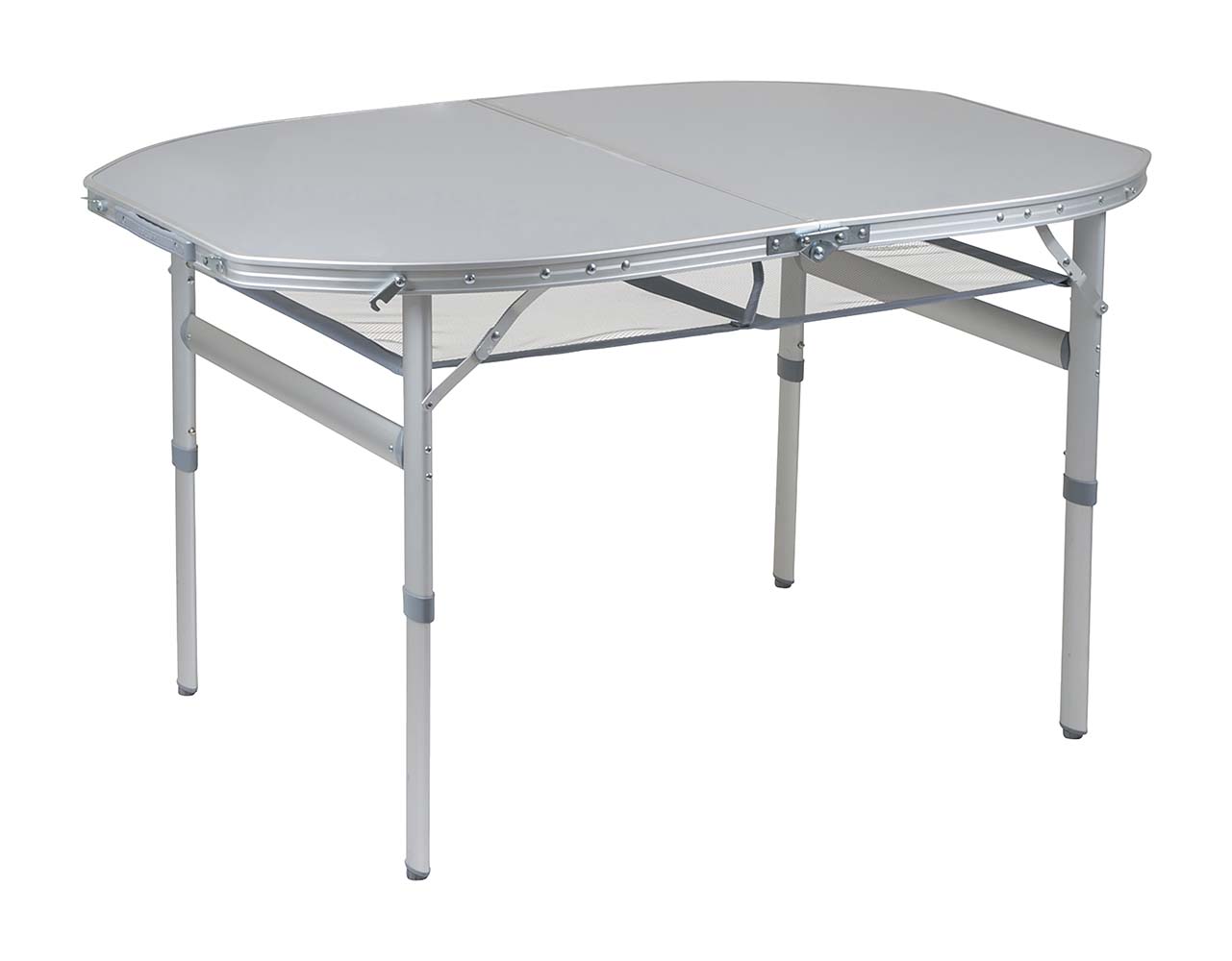1404420 Een zeer stabiele ovalen campingtafel met een watervast en hittebestendig tafelblad. Deze tafel heeft verstelbare poten, stelschroeven voor extra fijnstelling en een deelbaar tafelblad. Hierdoor is de tafel eenvoudig op te vouwen tot koffermodel. Gemaakt van lichtgewicht aluminium met een watervast en hittebestendig tafelblad. Onder het tafelblad is een net bevestigd om spullen op te bergen. Ingeklapt (lxbxh): 80x60x7 centimeter.