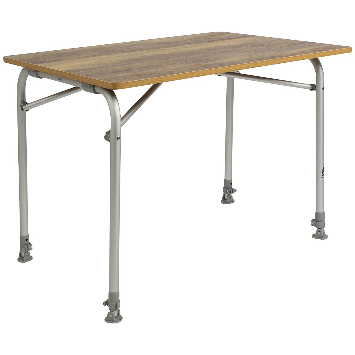 1404460 Een lichtgewicht maar zeer stabiele campingtafel. De tafel heeft een glasfiber top welke hittebestendig en watervast is. Ook heeft de tafeltop een kunststof rand. Het frame is van aluminium en de campingtafel is voorzien van voetjes met stabilisatoren zodat de tafel op iedere ondergrond stevig staat. Tevens zijn de poten in hoogte te verstellen (traploos).