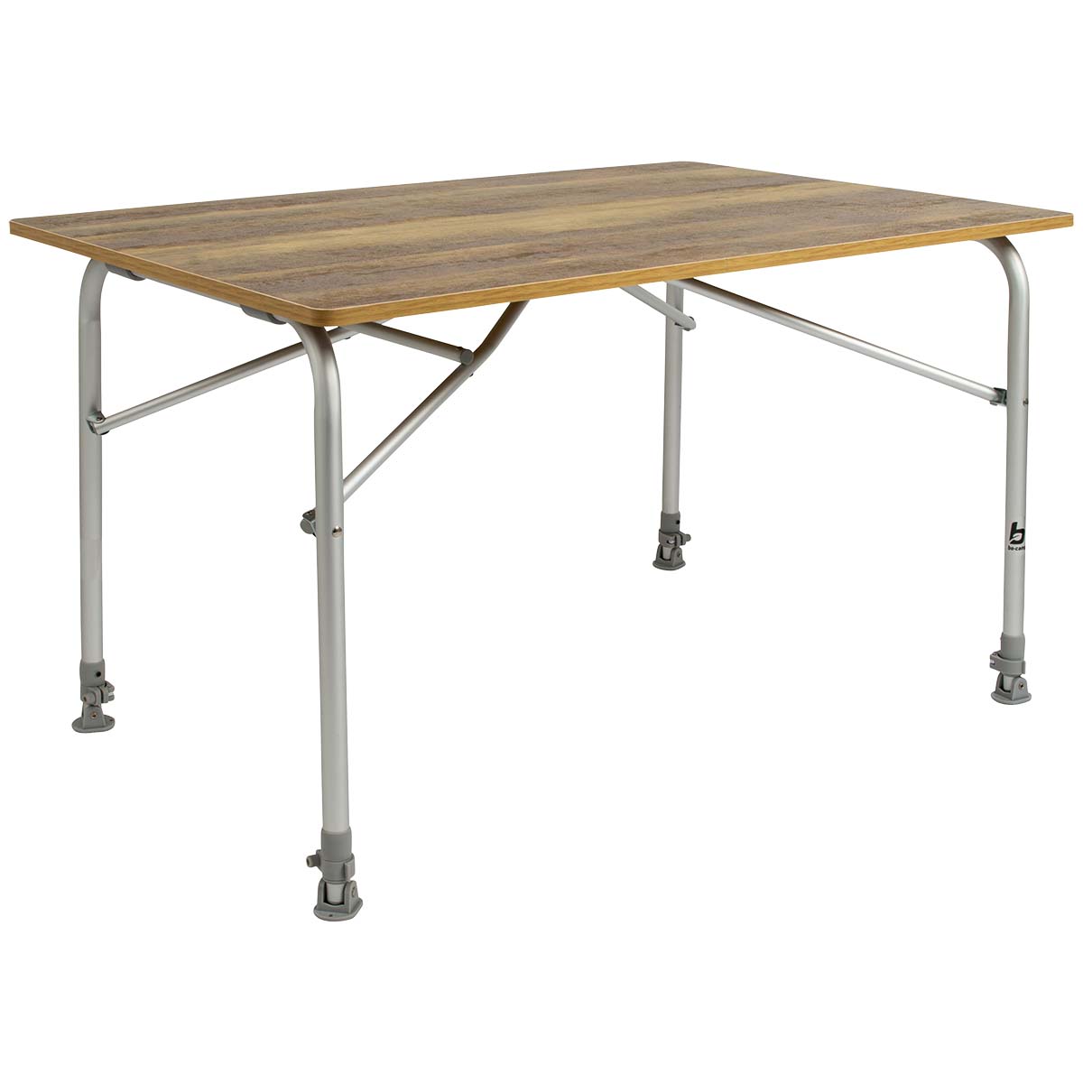 1404464 Een lichtgewicht maar zeer stabiele campingtafel. De tafel heeft een glasfiber top welke hittebestendig en watervast is. Ook heeft de tafeltop een kunststof rand. Tevens heeft het tafelblad een zeer stijlvolle houtlook. Het frame is van aluminium en de campingtafel is voorzien van voetjes met stabilisatoren zodat de tafel op iedere ondergrond stevig staat. Tevens zijn de poten in hoogte te verstellen (traploos).