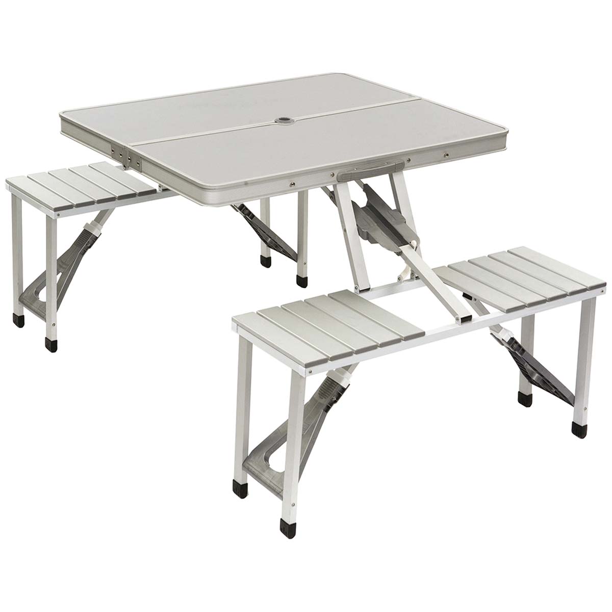 1404579 A practical picnic table. Very compact to fold into a suitcase (lxwxh: 85.5x67x11 cm). This family table has 4 seats. In addition, the table is equipped with a folding protection and is made of lightweight, waterproof and heat-resistant aluminum.