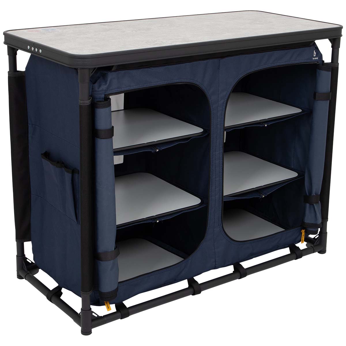 1593649 A stylish cooking island from the Industrial collection. With an extra sturdy dark blue 600 denier polyester cover with 6 handy shelves. The support sheet with concrete look is heat resistant, waterproof and suitable for a 4 burner gas stove. The adjustable legs are separately adjustable so the closet is stable on almost any surface.