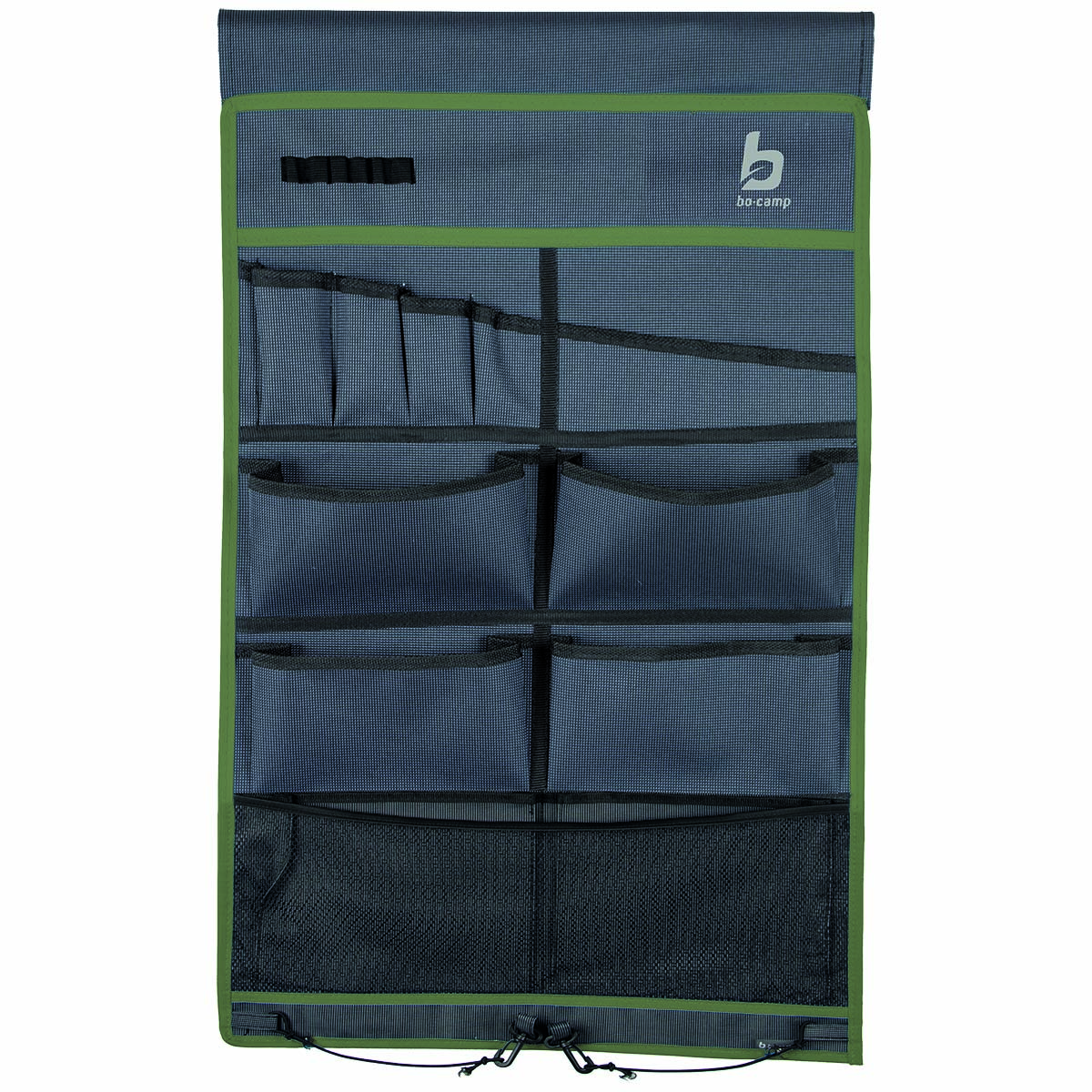1771503 A popular multifunctional 12-compartment organiser Has 6 large compartments, 1 medium compartment including a net and 4 small compartments. Simple, and can be mounted in various ways. This pelmet can be hung on a caravan rail with the string, with velcro to the tent pole or with eyelets on hooks. The loops at the bottom provide additional fixation. Made from a high quality Two-Tone 600D Oxford Polyester.