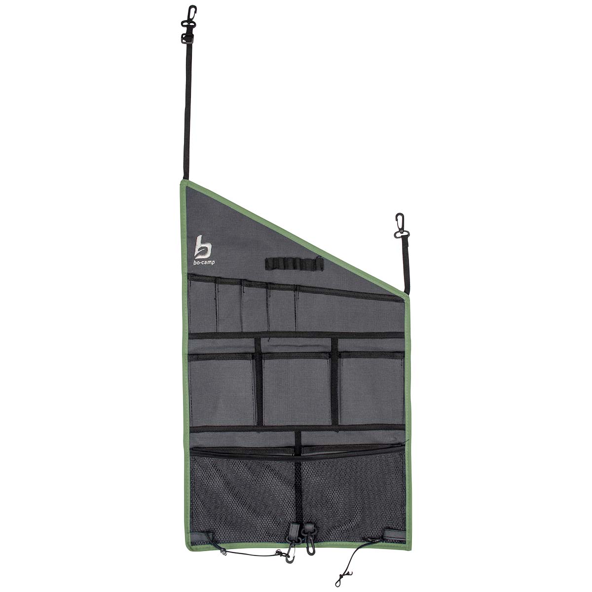 1771511 A unique tent organiser especially designed for dome tents. Thanks to the obliquely cut design at the top, it fits perfectly in a dome tent. Easy to attach, with 11 storage compartments. The tent organiser is made of a high quality Two-Tone 600D Oxford Polyester.