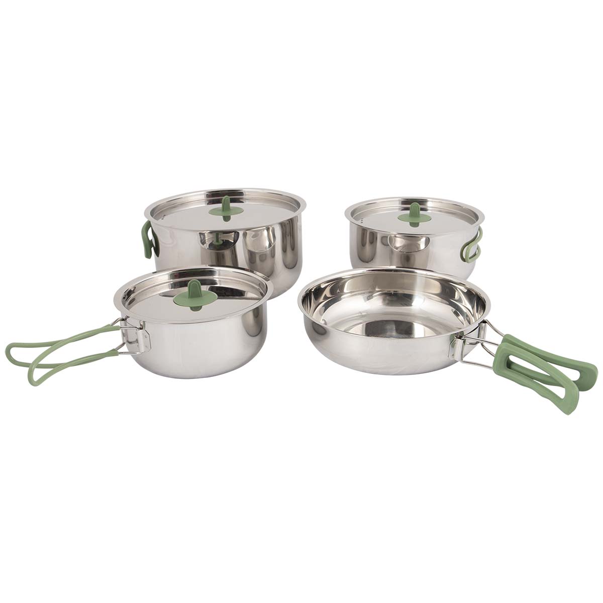 2100800 A luxury 4 part set of cookware set. This set is made of stainless steel and each pan has a heat resistant silicon foldable handle. These handles can be simply folded into the pan after use for compact and easy storage. The lids come with heat resistant silicon knobs. This set consists of  3 (1 litre, 1.5 litre and 2.5 litre) saucepans and 1 frying pan. Øxh saucepans : 14x6.6, 16x8.3 and 18x10 cm. Øxh saucepans: 18x5.5 cm.
