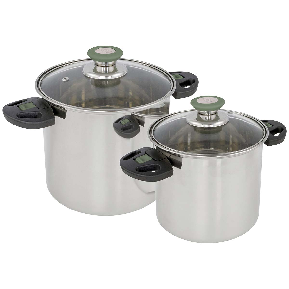 2100930 A luxurious 2-part stainless steel cookware set. Every pan has a glass lid with heat-resistant knob. In addition, every pan has heat-resistant and retractable hand grips. These hand grips can be easily folded after use so that the pans are fully nestable and compact to store. Save up to 40% space! The pans are narrow and high and thereby extremely suitable for the limited space on gas burners Can be used on gas, ceramic and electrical heat sources. Dimensions (Øxh): 14x13 and 18x17 cm. Dimensions nested (Øxh): 18x17 cm. Contents: 2 and 4.3 litre.