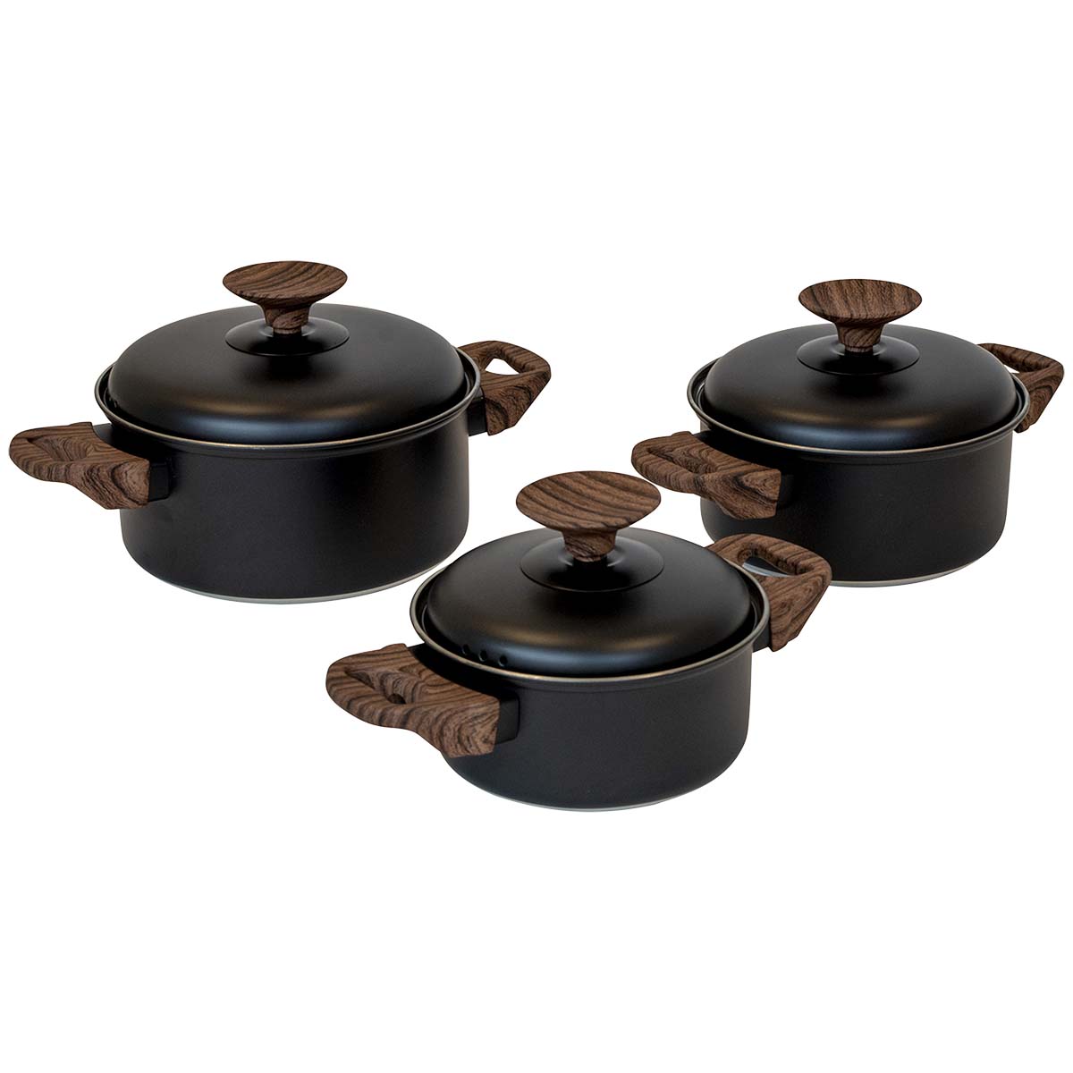 2100972 A 3-part low cookware set. These cooking pans are equipped with sturdy and heat-resistant hand grips and a heat-resistant knob on the lid. The pans have an industrial look because of black stainless steel and the woodlook buttons. Can be used on gas, ceramic and electrical heat sources. Dimensions (Øxh): 14x7, 16x8 and 18x9 cm. Contents: 1,1, 1,6 and 2.3 litres.