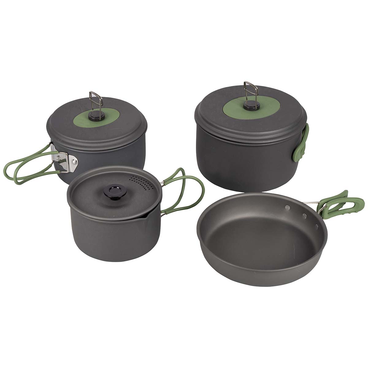 2200241 Complete 4-part light weight cookware set. This pan set consists of 3 sauce pans with a lid and a saucepan. Perfectly suitable for outdoor use. Suitable for gas and gasoline burners. Made of sturdy anodized aluminium causing a reduced risk of burning. Every pan has a heat-resistant silicone folding handle. These handles can be easily folded around the pan so that the pans are compact to store and transport. Including lining Dimensions of cooking pans (Øxh): 13.5x7.5, 15.5x8.5 and 17.5x10.5 cm. Dimensions of cooking pan (Øxh): 18x4.5 cm. Dimensions nested (Øxh): 19x11.5 cm. Contents: 1, 1.4 and 2.2 litres.