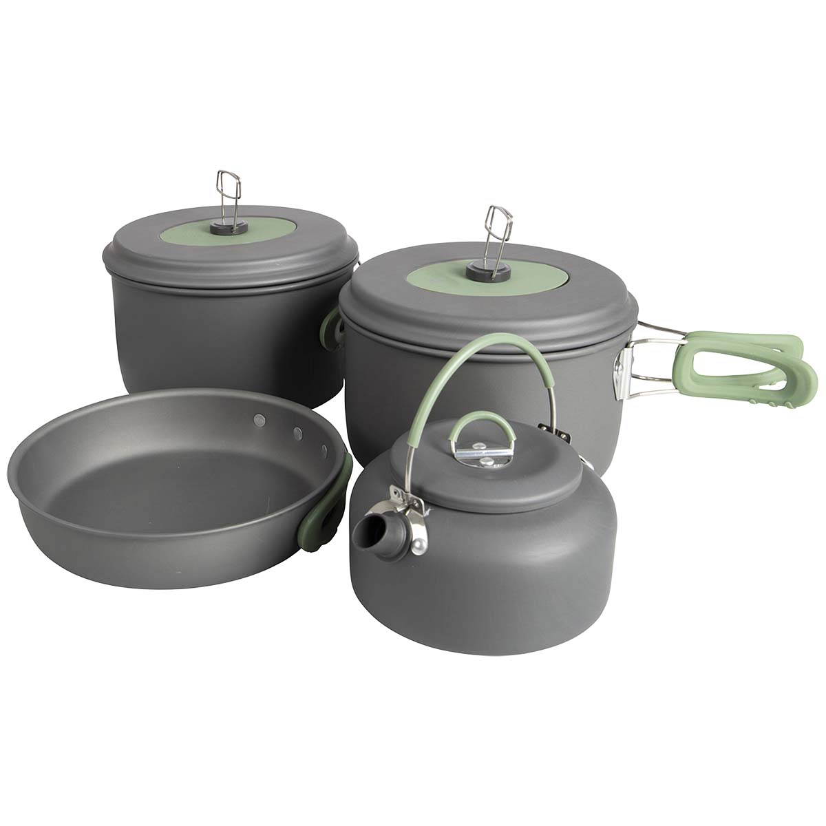 2200249 A complete and spacious 4-piece lightweight cookware set. Consisting of 2 cooking pans, a frying pan and a tea kettle with a capacity of 0.8 liters. Ideally suited for outdoor use. The set is equipped with heat-resistant and foldable handles made of silicone. Made of solid hard anodized aluminum so there is a reduced chance of firing. Suitable for gas and gasoline burners. The pans can be stacked together making them compact to store and transport, including carrying bag. Dimensions of saucepans (Ø): 16.5x10.5 and 18.5x10 cm. Contents of saucepans: 1.4 and 2.2 litres. Dimensions frying pan (Ø): 19 cm. Frying pan capacity: 1.25 litres. Tea kettle capacity: 0.8 litres.