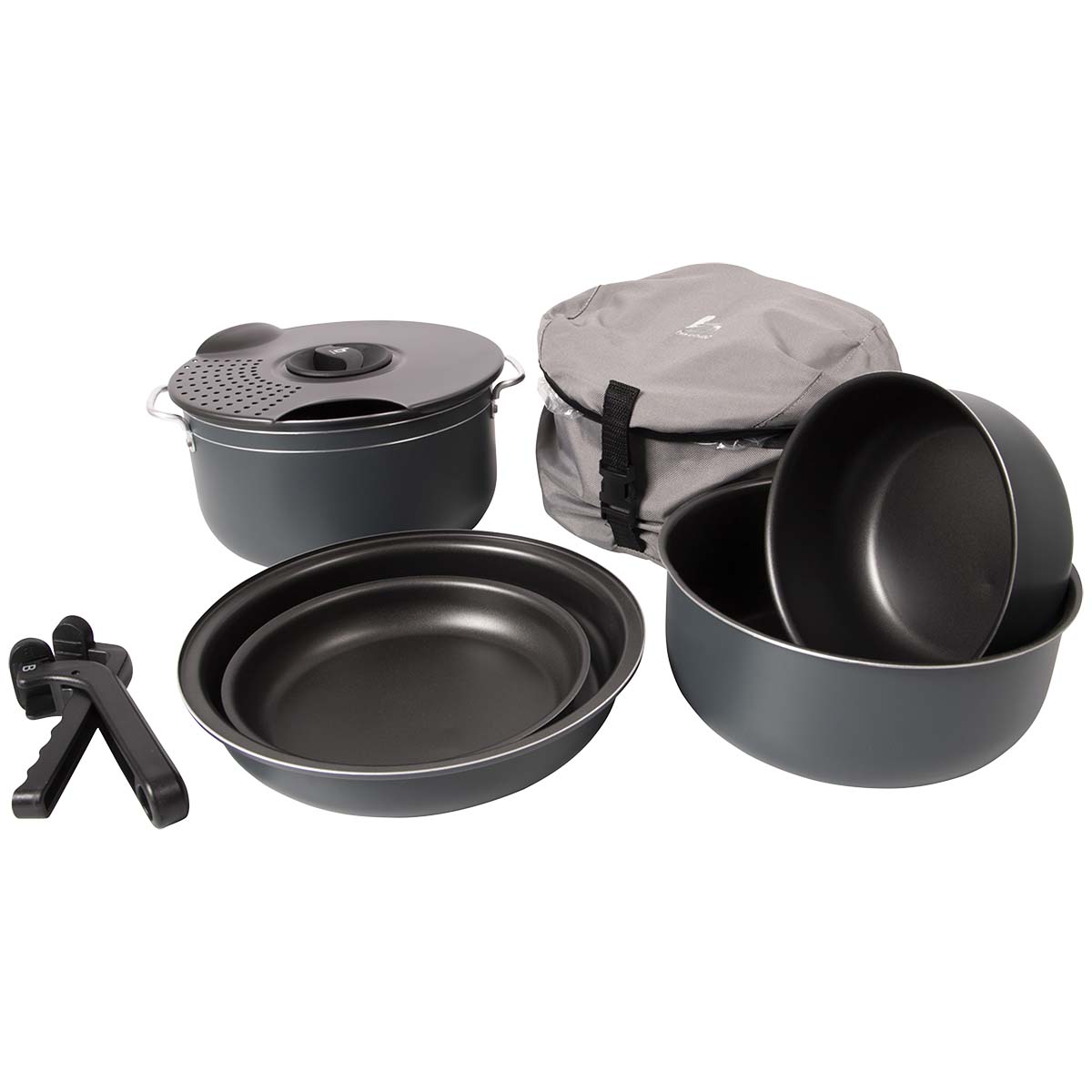 2300350 A complete and extremely compact 7 part cookware set. All pans from this set have a powder coating outside and a non-stick coating on the inside. By using aluminium this cooking set is extremely lightweight. These aluminium pans can be used on gas, ceramic and electrical heat sources. This pan set consists of 3 sauce pans, 2 frying pans, a strainer lid and loose pan handle. The supplied protective cover ensures that the full set can be stored compact. Dimensions of cooking pans (Øxh): 23x12, 21x8 and 17x7 cm. Dimensions of frying pans (Øxh): 24x4.5 and 18.5x3 cm. Dimensions nested (Øxh): 24x16 cm. Contents: 1,4, 2,5 and 4.4 litres.
