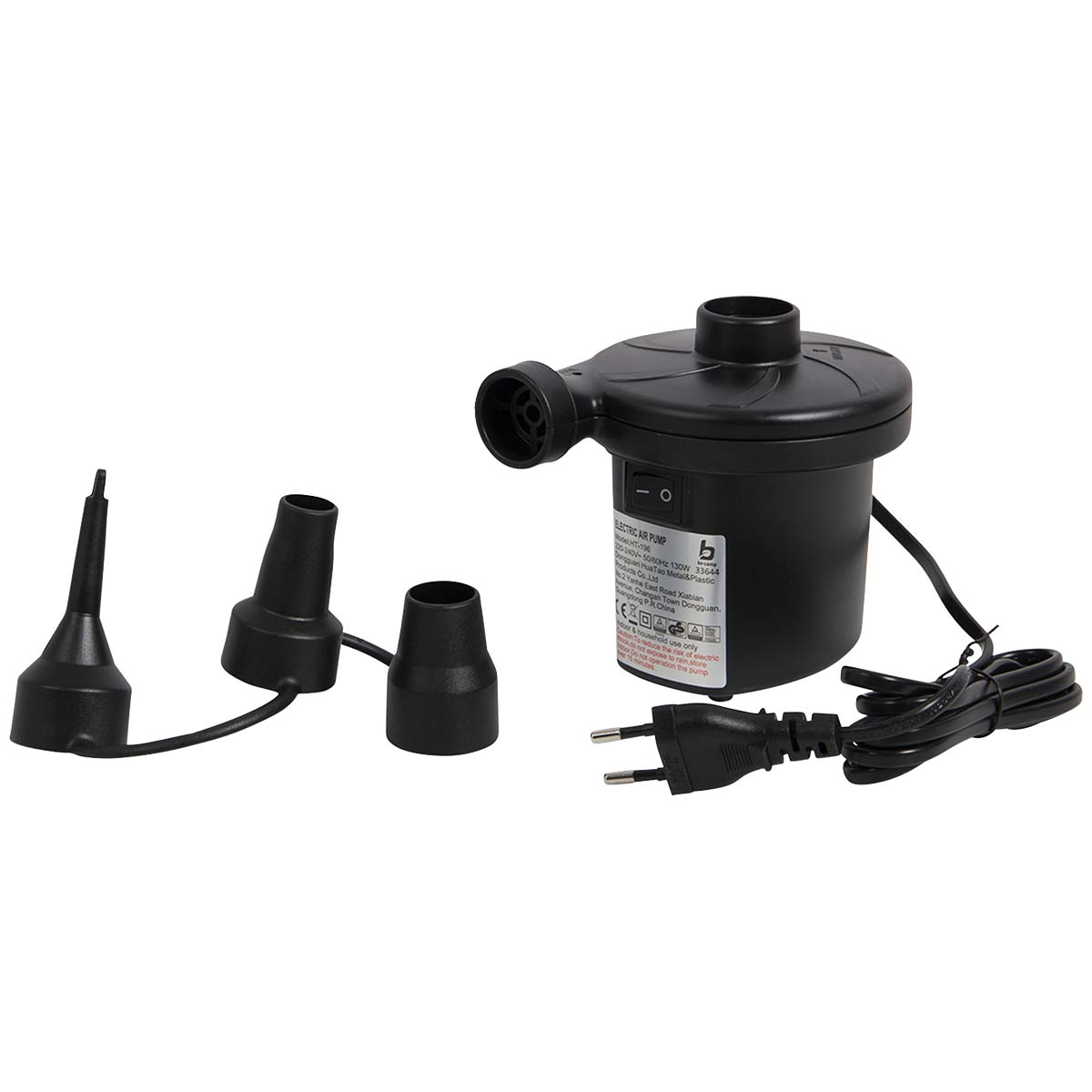 3807174 An electric pump for inflating and deflating an air mattress, inflatable boat, toys, etc. Suitable for a 230 Volt connection. This pump has an air flow of 450 litre per minute. Comes complete with reducers.