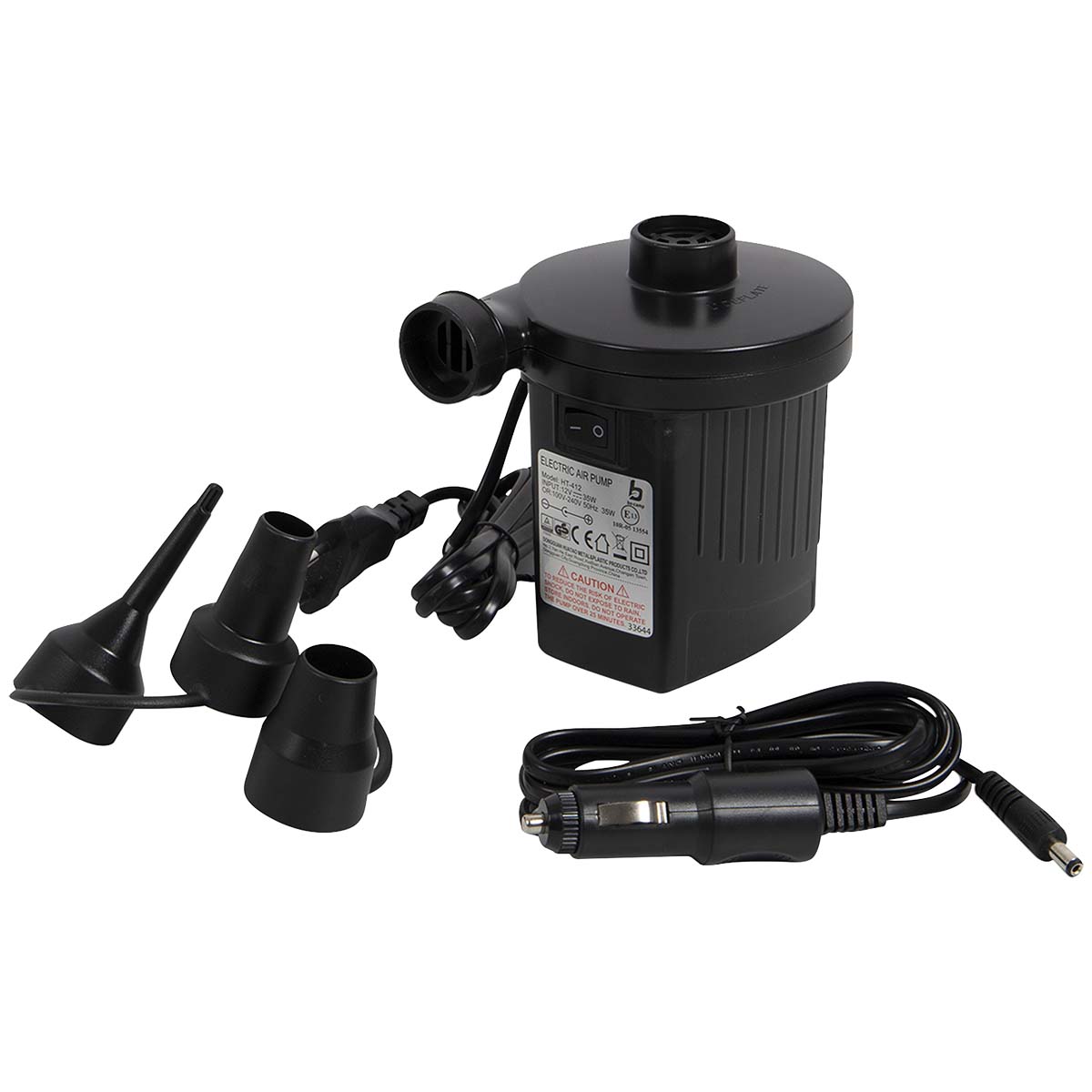 3807175 An electric pump for inflating and deflating an air mattress, inflatable boat, toys, etc. Suitable for a 12 Volt and a 230 Volt connection. This pump has an air flow of 230 litre per minute. Comes complete with reducers and adapters.