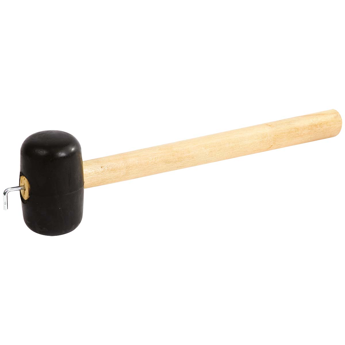 4114775 Een stevige rubber hamer. Voorzien van een houten steel, met op het uiteinde een sterke haringtrekker.