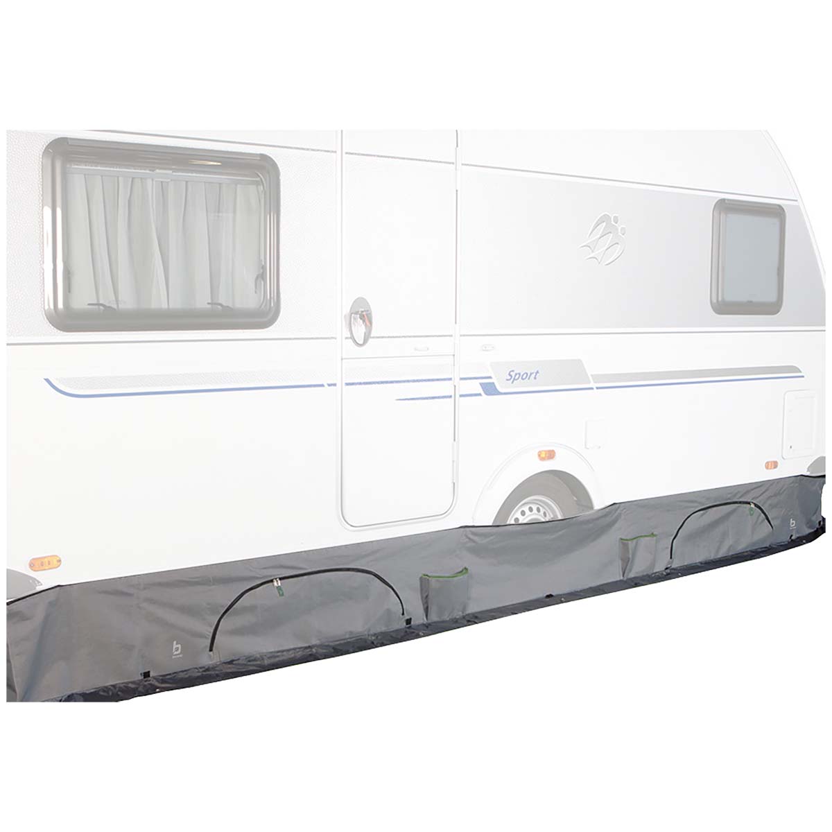 4117740 Draft strip with a string for the caravan. This draught strip has two mesh storage compartments and two large storage bags which are lockable with a zipper. The draught strip has eyelets and loops through which the draught strip can be properly tensioned under all caravans. Suitable for all caravans between 4 and 6 meters because the draught strip can easily be folded out from 4 meters, per 0.5 meters, to 6 meters. The height is 52 centimetres of which 14 centimetres is waterproof 190T polyester with a PU coating (water column: 1500 mm). The other fabric is the luxury 300 denier PVC coated polyester.