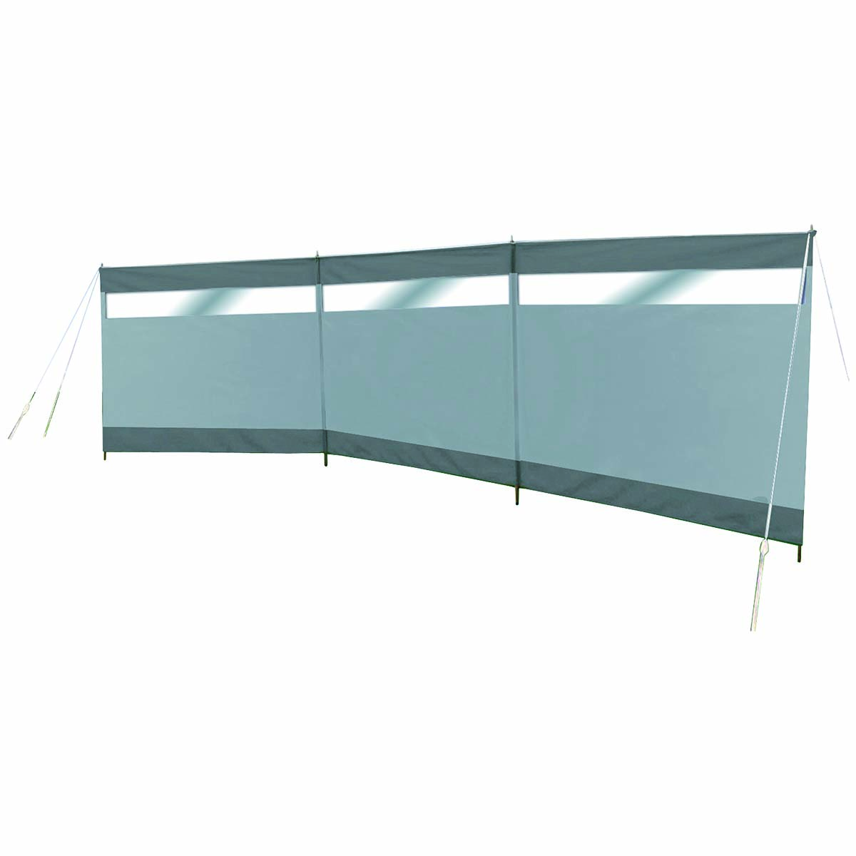 4367643 Extra sold and weather proof 3 part wind screen. This wind screen is extra solid due the UV-resistant coating and the thicker canvas, which also ensures added stability. The wind screen also has top beams and a sturdy PVC frame. Ideal against the wind, the sun or to keep things out of sight. Because the windscreen consists of 3 compartments the angle can be adjusted to any situation. The screen has a modern look. Supplied with a carry bag, guy ropes and thicker pegs.