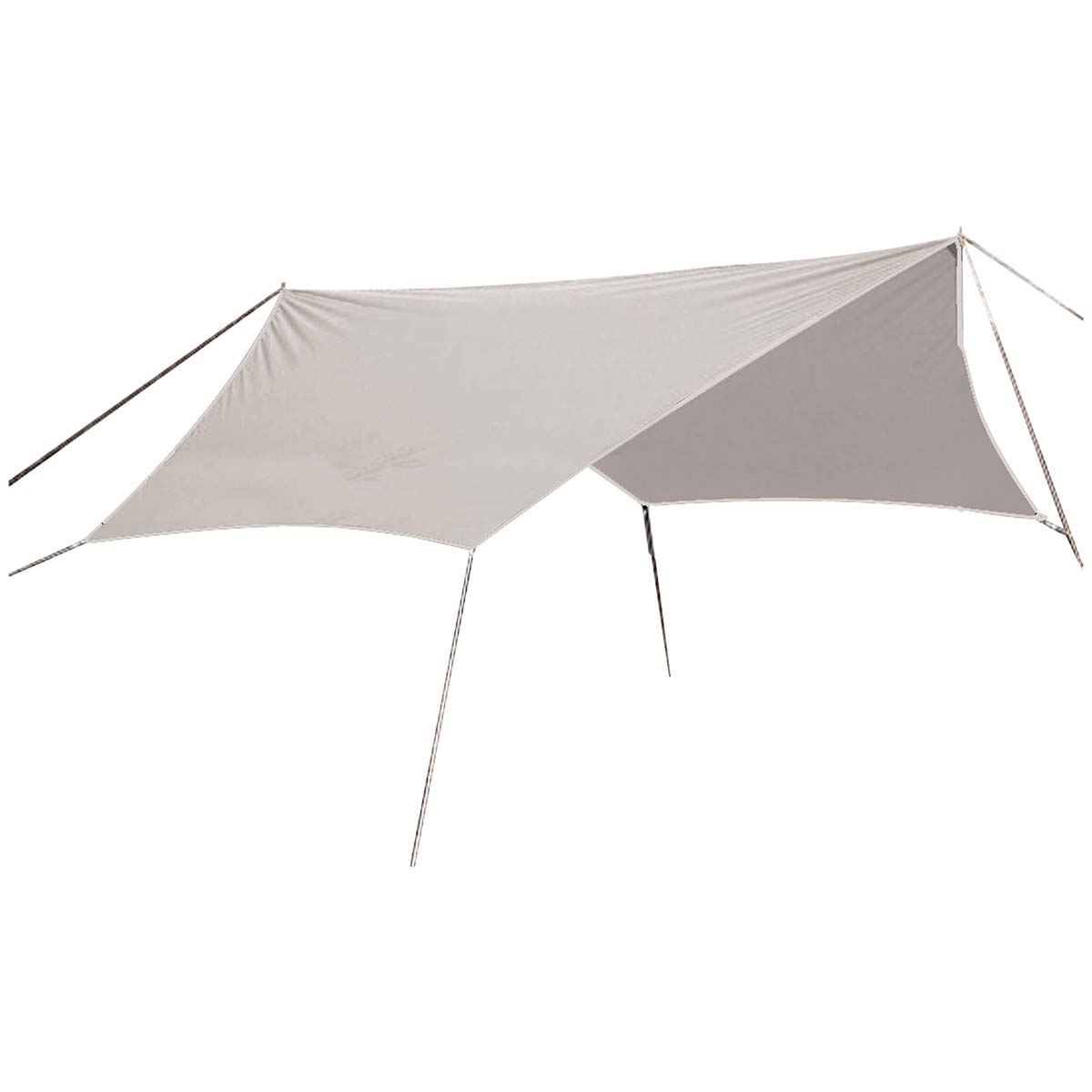4471496 A beige hexagonal tarp from the Urban Outdoor collection. Quickly and easily creates a shelter and shaded area. This tarp is waterproof due to the polyester-cotton fabric with UV + PU coating and a water column of 2000 mm. Easy to hang at the desired location with the included guy lines and pegs. The width of the tarp ranges from 2.4 meters to 4 meters, and the total length is 4.4 meters. Includes a convenient carrying bag (excluding tarp poles).