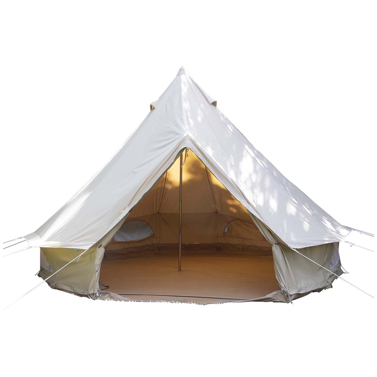 4472500 A classic Bell tent. An extremely popular Sahara tent with a large floor area and high ease of use. The diameter of this tent is 4 meters and the ridge height is 2.5 meters. This makes the tent suitable for up to 6 people. Made from high quality canvas, 100% cotton (285g/m²), and a 540 gram PVC groundsheet. Both are water resistant, rot and mold resistant. The groundsheet is fully removable by means of a zipper. In addition the sides can be rolled up completely to a height of 60 cm for extra ventilation. Moreover, there are several windows in the sides. The entrance has a double door, 1 cotton door and 1 cotton mesh door (against insects). Comes with strong pegs, guy ropes and a handy storage bag. In short, a decent and stylish tent for years of enjoyment!