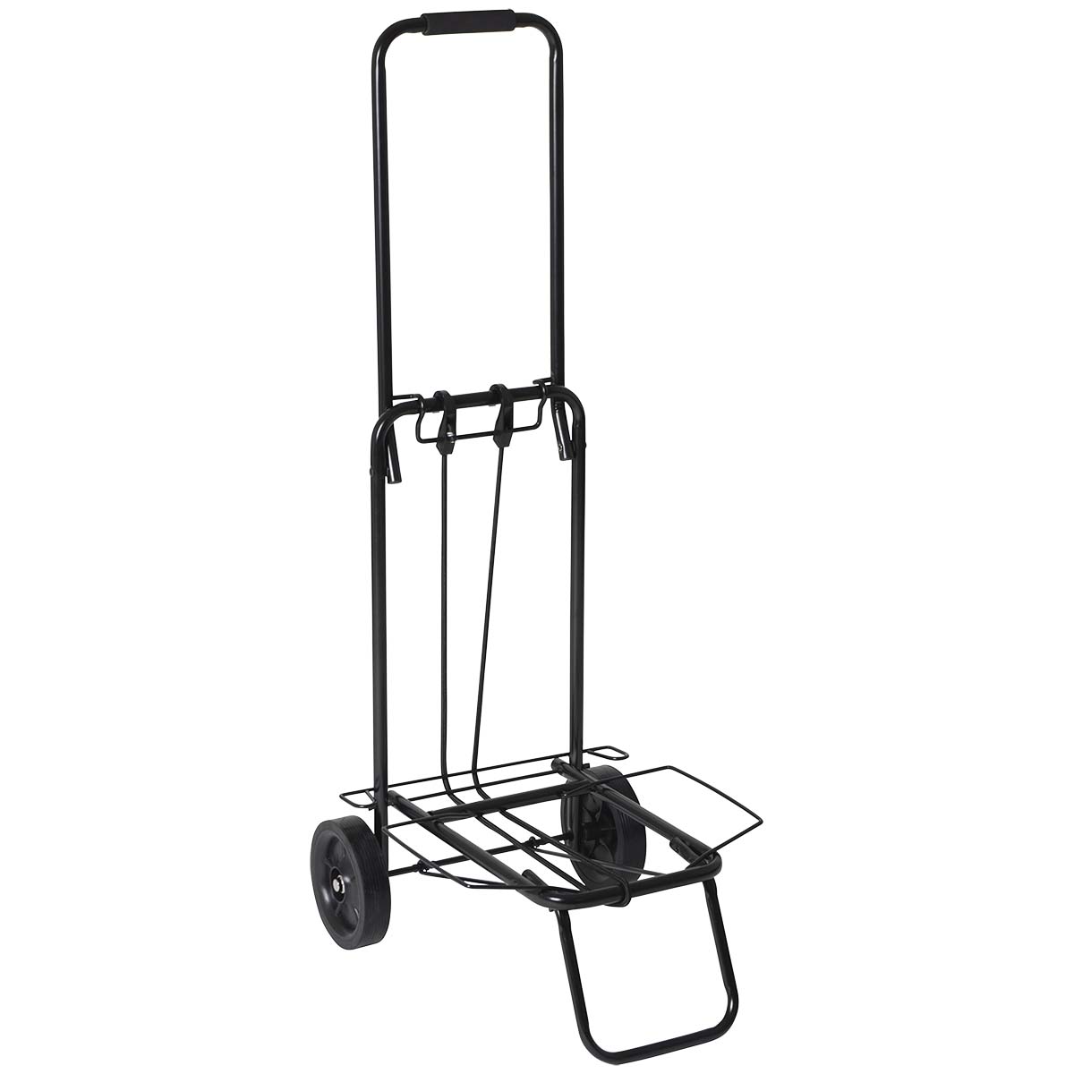 5267281 A folding trolley. This baggage trolley has extra large wheels (Ø 14 centimetres) whereby it also works well on unequal surfaces. Ideal for transporting various articles such as bags, a waste water tank, a jerry can, folding crates, etc. After use the trolley can be stored easily and compactly due to the folding step,  handle and support. The maximum load weight is 35 kilograms. Including plastic rope. Folded up (LxWxH): 74x48x14 centimetres.