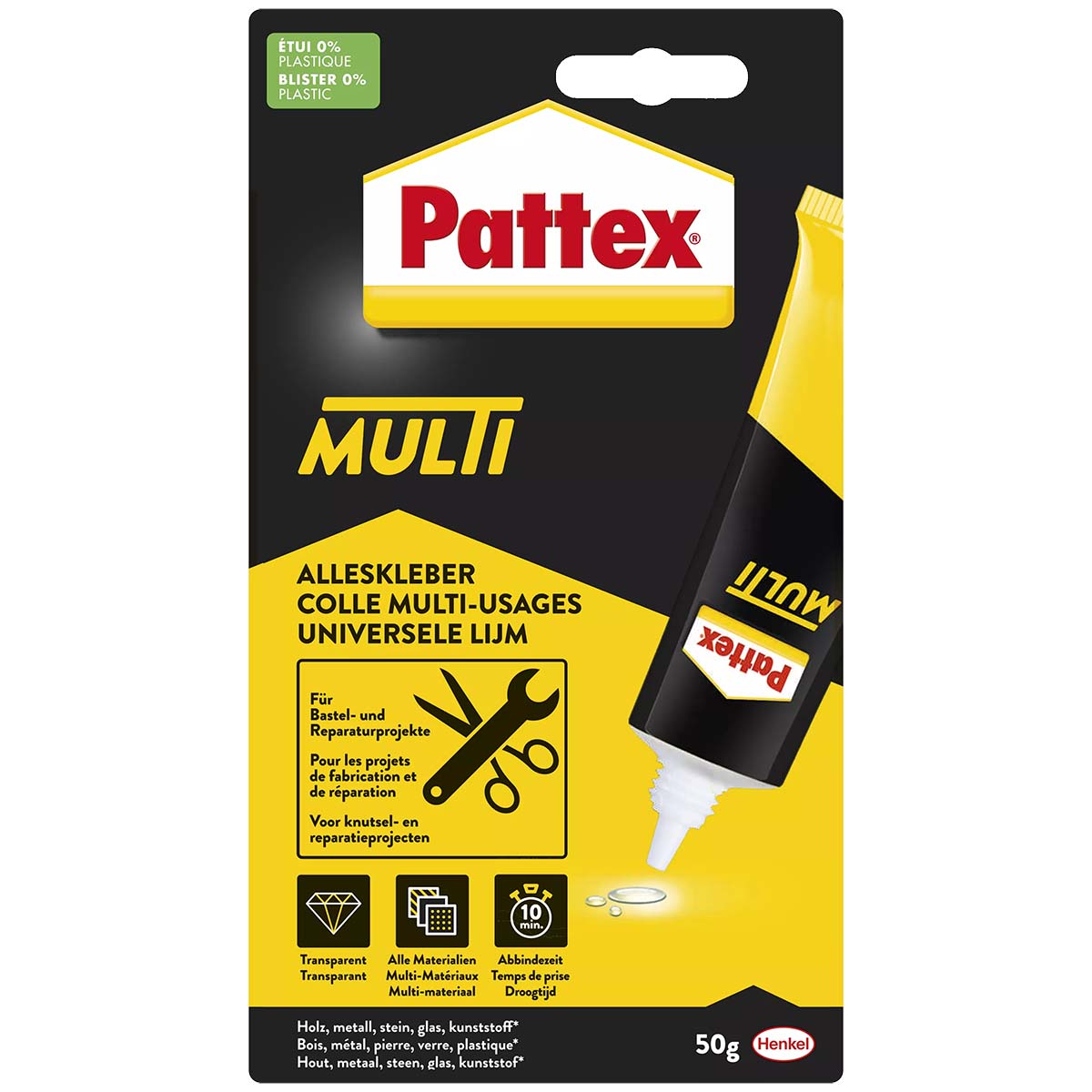 5712173 Extra strong Pattex Multi purpose glue Transparent, leaves no glue marks and is therefore most suitable for transparent surfaces or coloured materials. Thanks to a shorter drying time, the product can be used quickly and flexibly. This adhesive can be best used indoors, attaches quickly and is heat resistant.