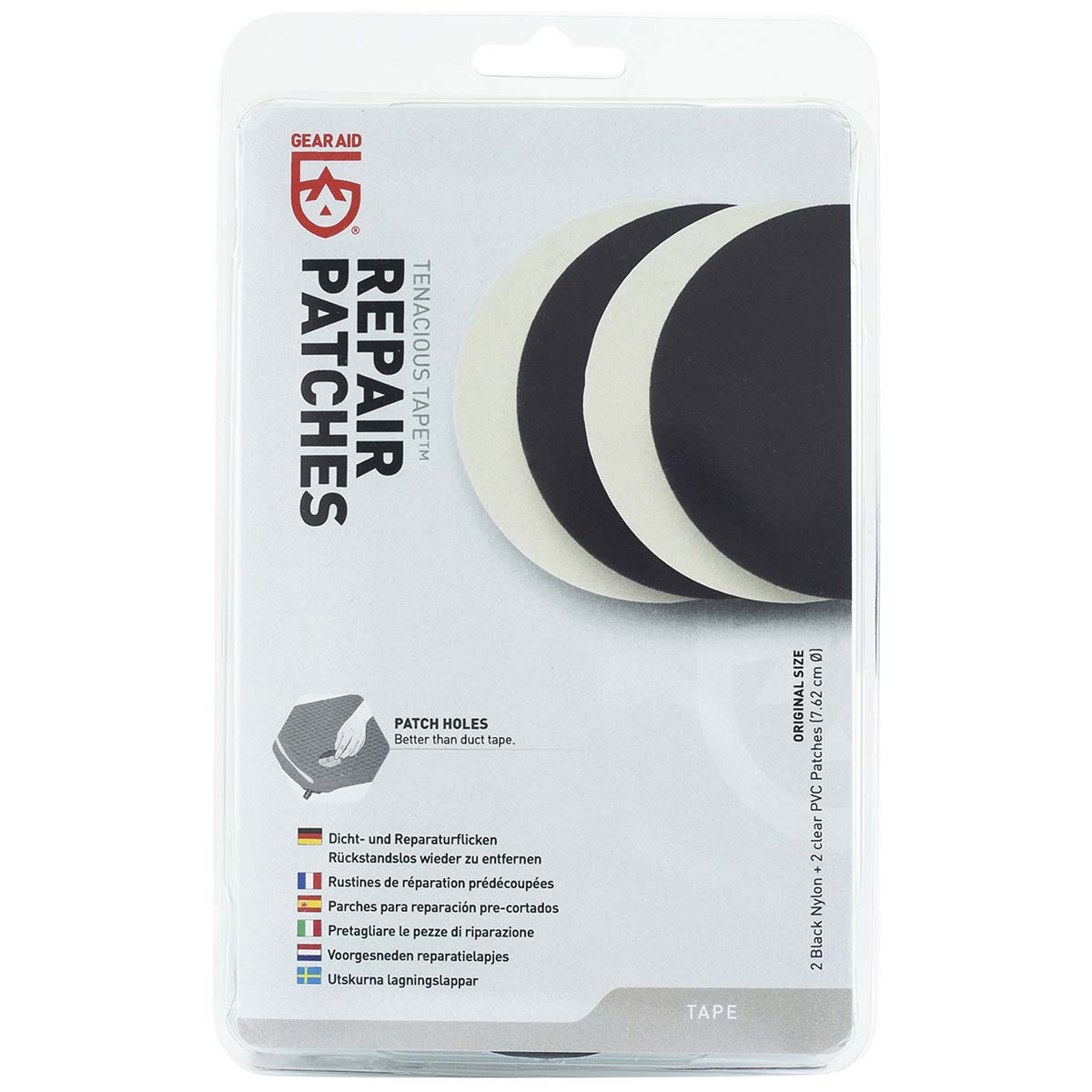 5713058 A set of 4 repair patches. Suitable for repairing holes and cracks in tents, tarps, inflatable items, sleeping bags, jackets, rain gear etc. This set contains 2 black nylon patches and 2 transparent PVC patches for virtually invisible repairs. Regardless of the weather, these repair patches remain intact and will not peel off or come loose due to sun or rain.