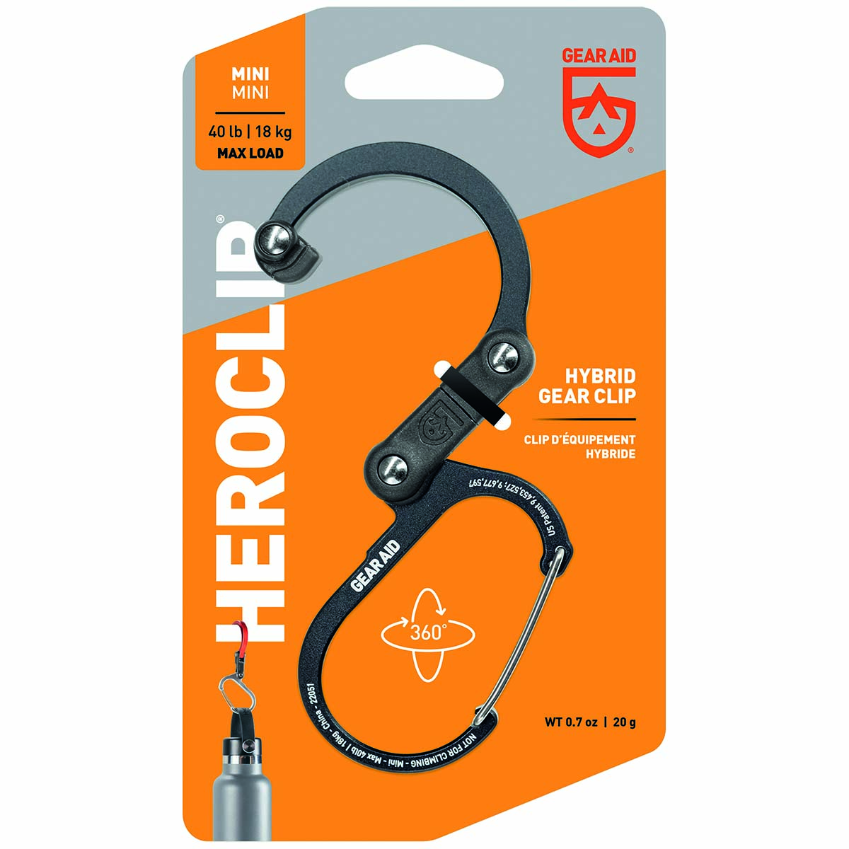 5713090 Hook, hang or securely clip your gear with Heroclip. Wheter at camp, in the garage or on the go, this sturdy, compact, rotating clip will become your favorite hands-free helper.