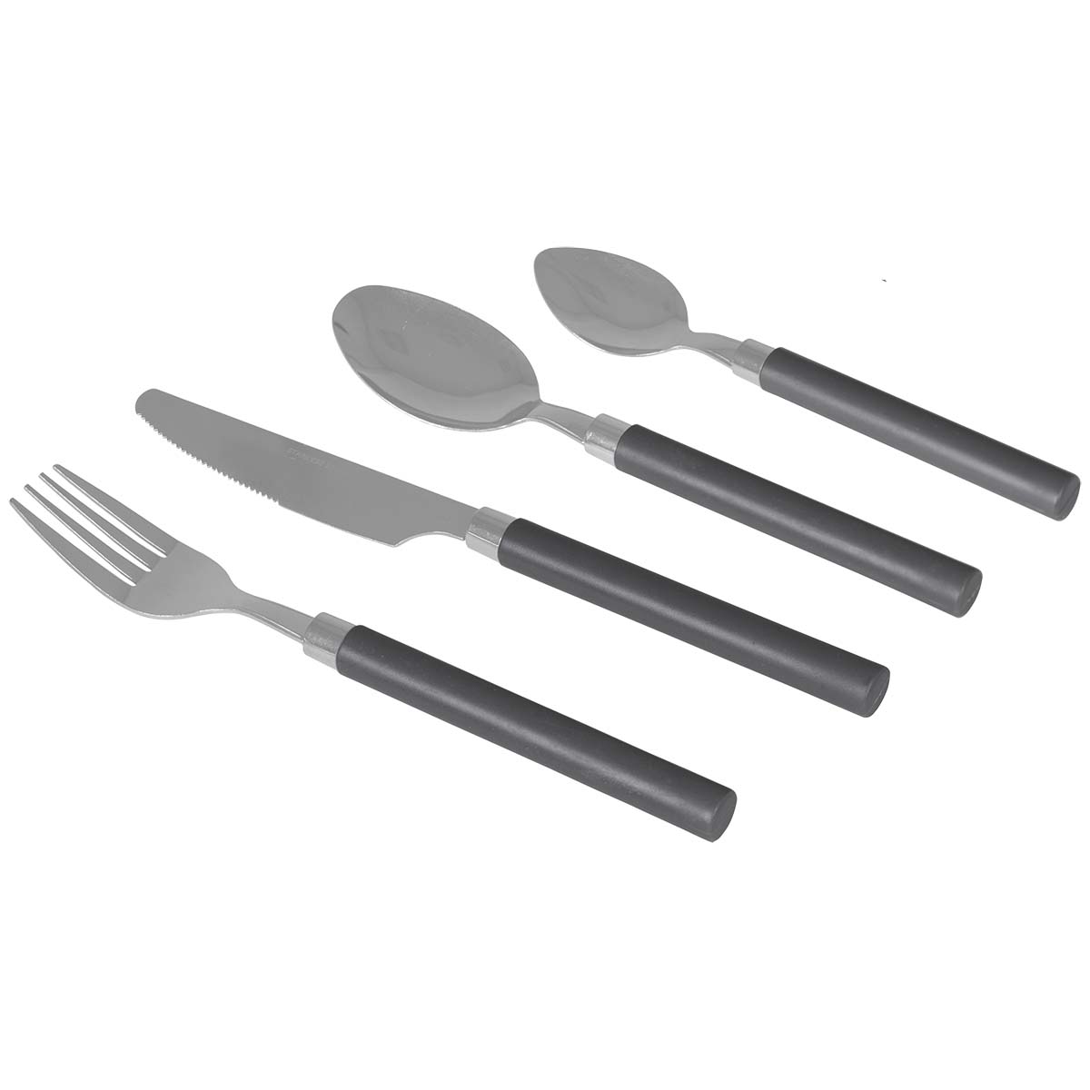 6102104 A 24-part cutlery set. This practical set is suitable for 6 people and consists of 6 knives, 6 forks, 6 spoons and 6 small (tea) spoons. Made of stainless steel with a plastic handle, which gives the set a long product life.