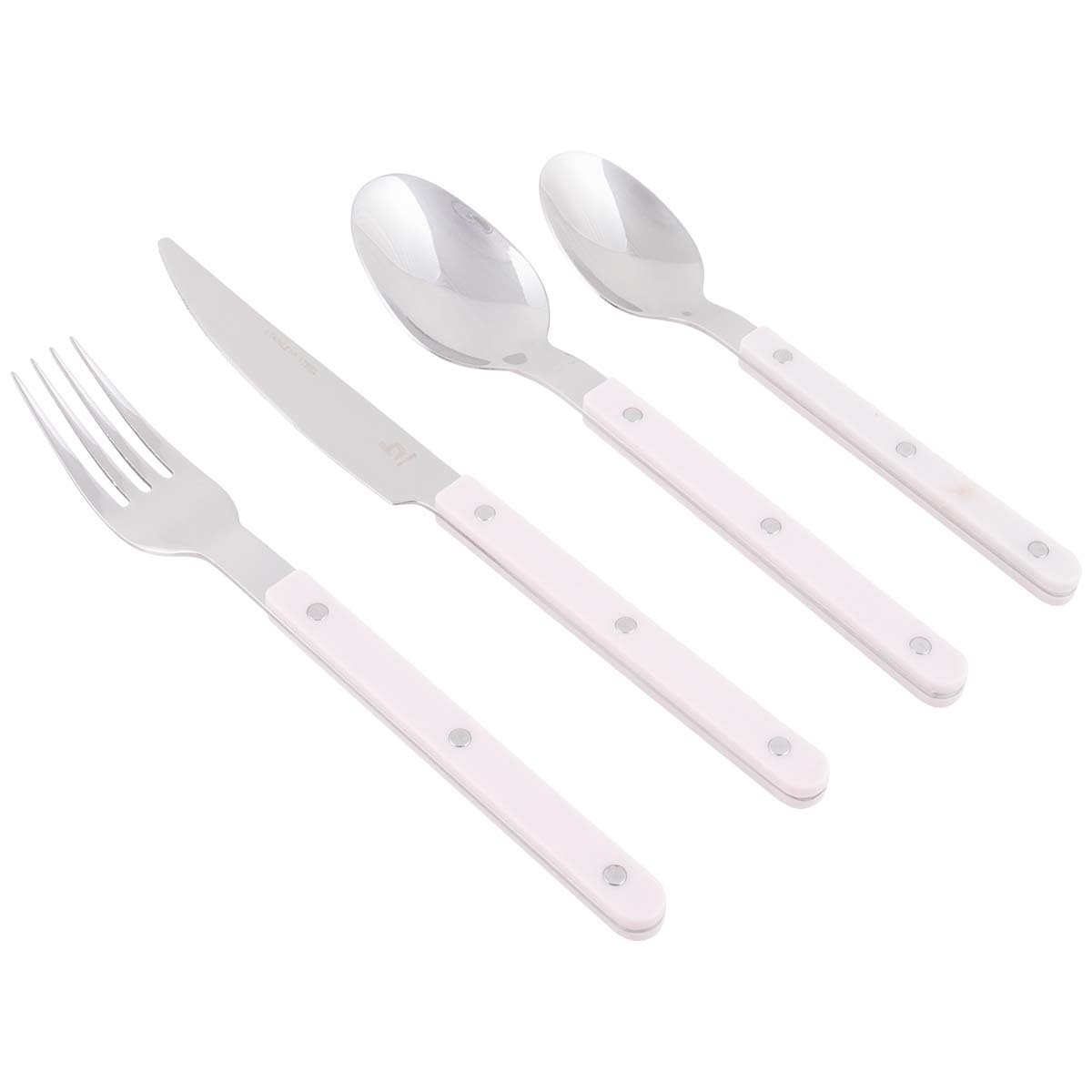 6102292 A colorful 16-piece cutlery set. This practical set is suitable for 4 people and consists of 4 knives, 4 forks, 4 spoons and 4 small (tea) spoons. Made of stainless steel with a plastic handle, which gives the set a long product life.