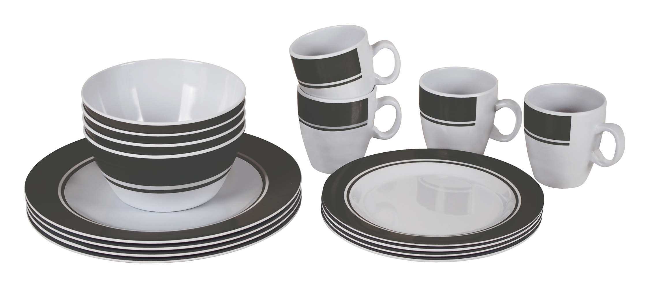6181080 A 16-piece tableware set made of 100% melamine. This high-quality melamine soup bowl is virtually unbreakable and very light in weight. The cup is also scratch resistant and dishwasher safe. This stylish set is suitable for 4 people and consists of 4 plates, 4 breakfast plates, 4 bowls and 4 mugs.