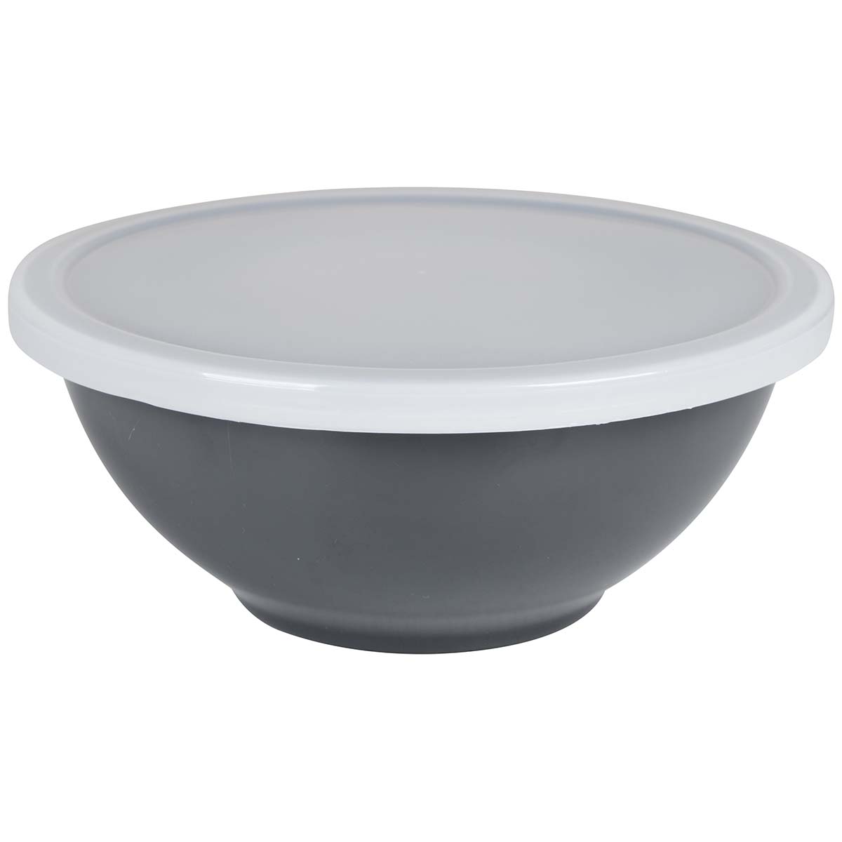 6181255 A round bowl with lid. The bowl is made from 100% melamine and has a synthetic lid. This high-quality melamine bowl is virtually unbreakable and very light weight. The bowl is also scratch resistant and dishwasher safe.