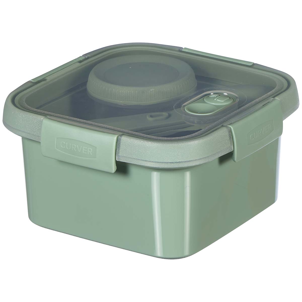 6302233 Lid with 4 sturdy clips and a flexible seal to keep the contents fresh and prevent leaks. Includes a tray, sauce cup (0.8L), and a cutlery set with a fork, knife, and spoon. Steam valve on the lid for easy use in the microwave. Made of 100% recycled polypropylene, BPA and phthalate-free.