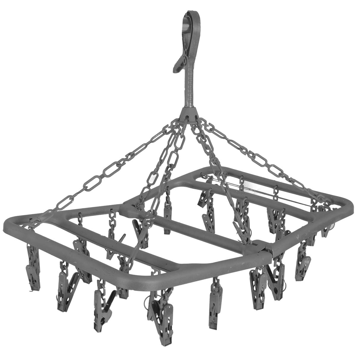 6415150 A rectangular drying carousel made of plastic. Can be fixed in many places by the suspension hook. Lightweight and very compact foldable. Has 24 clothespins.