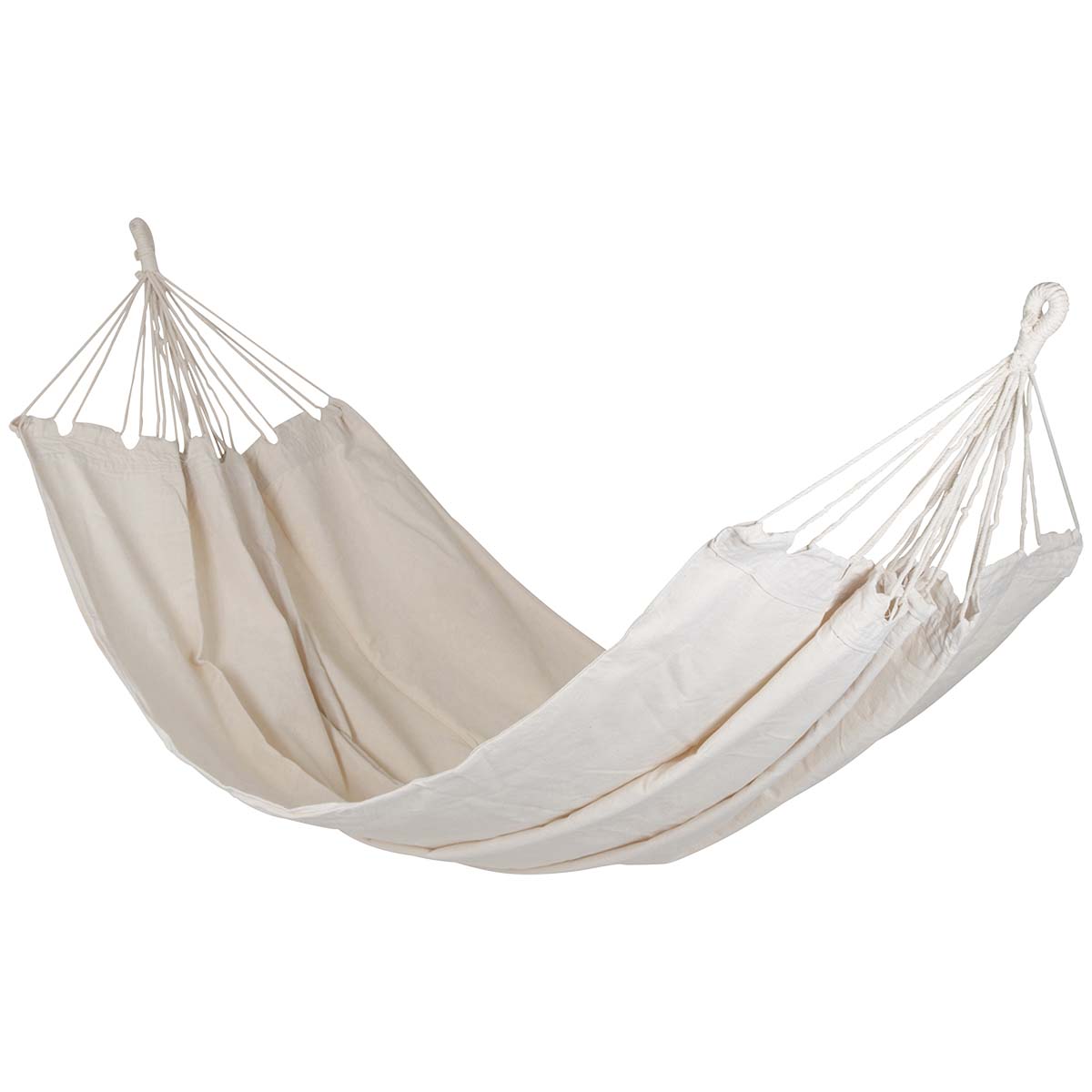 7100223 A stylish and sturdy hammock. To enjoy your holiday to the fullest! Made of sturdy 320gr/m² cotton/polyester. The hammock has no spreading stick, allowing it to adjust to the shape of your body with reduced risk of tilting - for maximum comfort. Maximum load-bearing capacity: 150 kilograms.