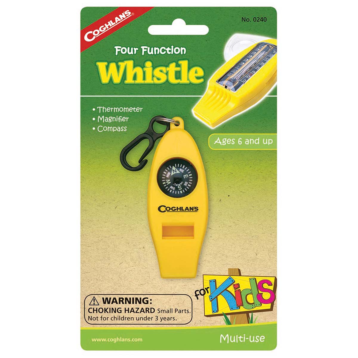 7690240 A multi-functional whistle for children. This whistle features a compass, a thermometer and a magnifying glass. Provides outdoor fun for children. With a convenient hook for attaching, to the belt or the zip fastener for example.