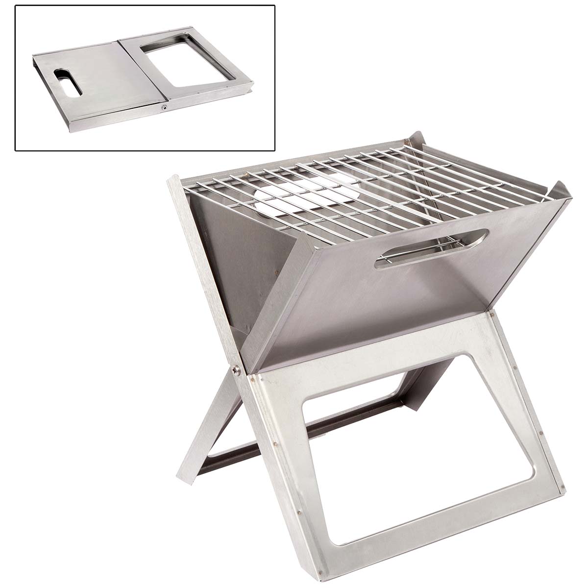 8108347 A very compact, fold-flat stainless steel charcoal grill. This durable barbecue grill is quick and easy to set up and then usable as a barbecue or fire pit. This dual function, combined with its compactness, makes this an ideal travel barbecue. Cooking area: 24x27 centimetres.