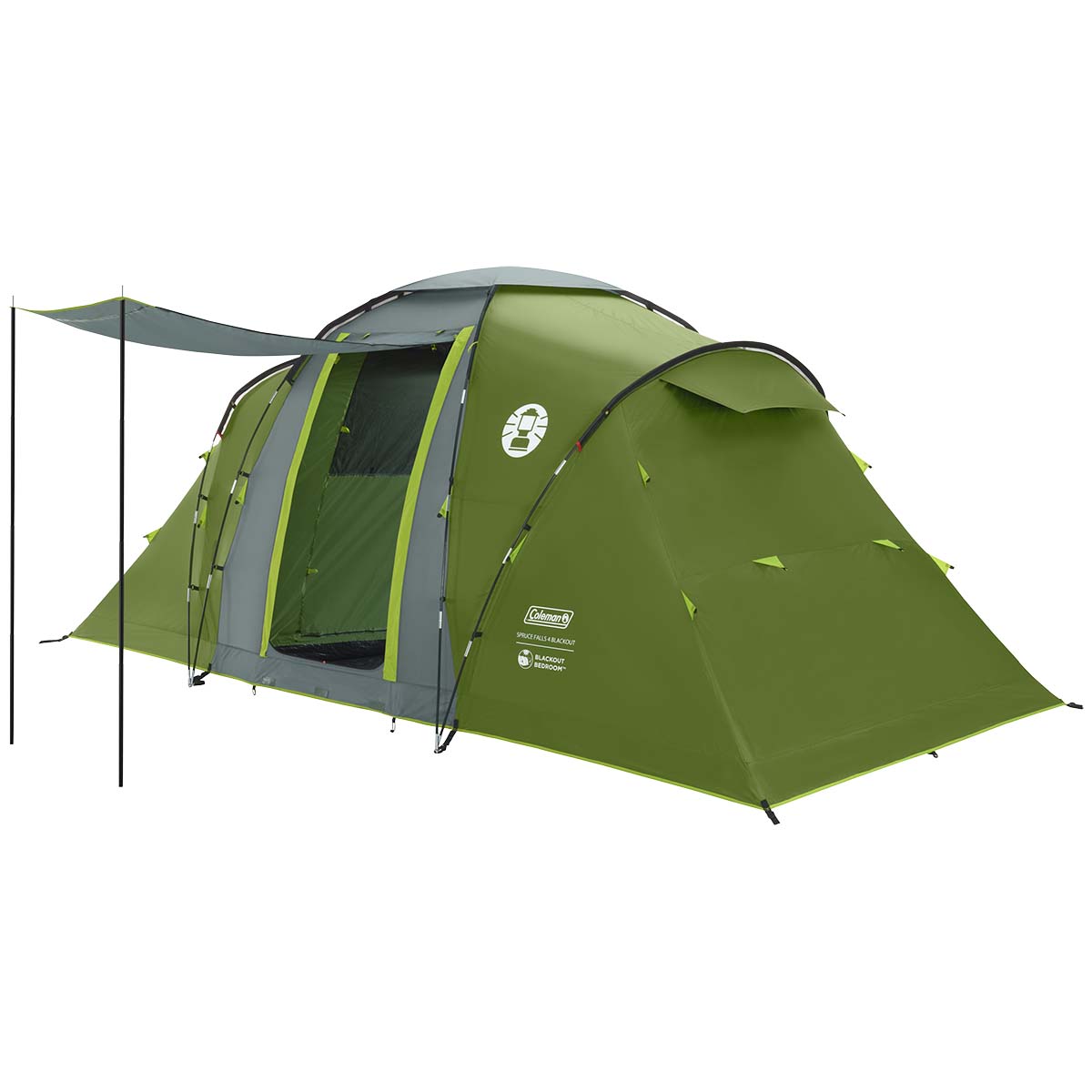 8912624 "De Coleman Spruce Falls 4 Tent is de ideale kampeertent voor een gezellige vakantie met vier personen. Het is een mooie en comfortabele vis-a-vis tent waarbij u genoeg privacy hebt. Deze Coleman familietent bestaat uit polyester en heeft een waterkolom van 4500 mm. Om ervoor te zorgen dat u tijdens het kampeeravontuur goed kunt slapen zijn de slaapcabines extra donker gemaakt. Zo wordt u s'morgens uitgerust wakker. Daarnaast is er een vastgrondzeil met opstaande randen aanwezig waardoor uw spullen tijdens een kleine regenbui droog blijven. In het midden bevindt zich de leefruimte. De leefruimte beschikt over een mooie lichtinval en heeft een comfortabele stahoogte. Om voor extra ventilatiemogelijkheden te zorgen is er aan de zij-ingang een afsluitbare gaasdeur voorzien."